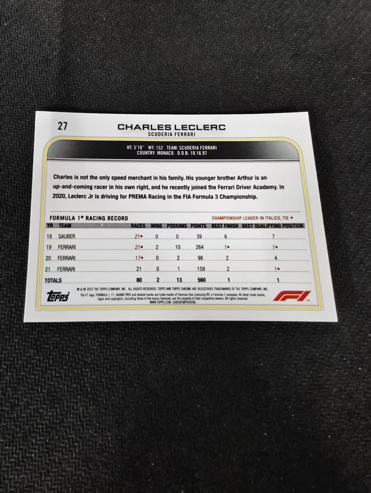 2022 Topps Chrome F1 Charles Leclerc 勒克莱尔 法拉利车队 划痕 边角瑕疵#27