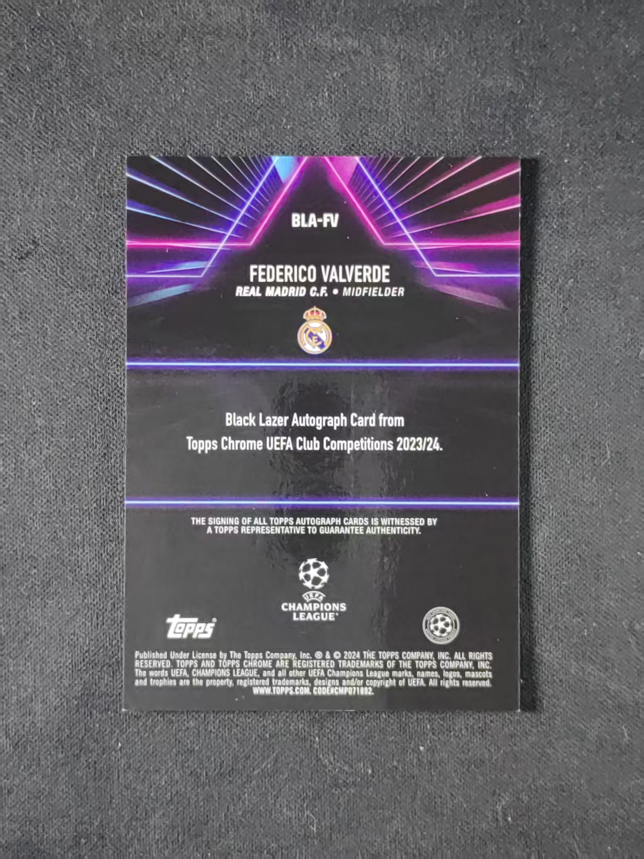 2024 Topps Chrome Federico Valverde 【林林拍卖鬼叻】tc系列 欧冠 西甲 皇家马德里 皇马 巴尔韦德 巴尔维德 49/99编 绿折 黑镭射签 签字 瑕疵见图