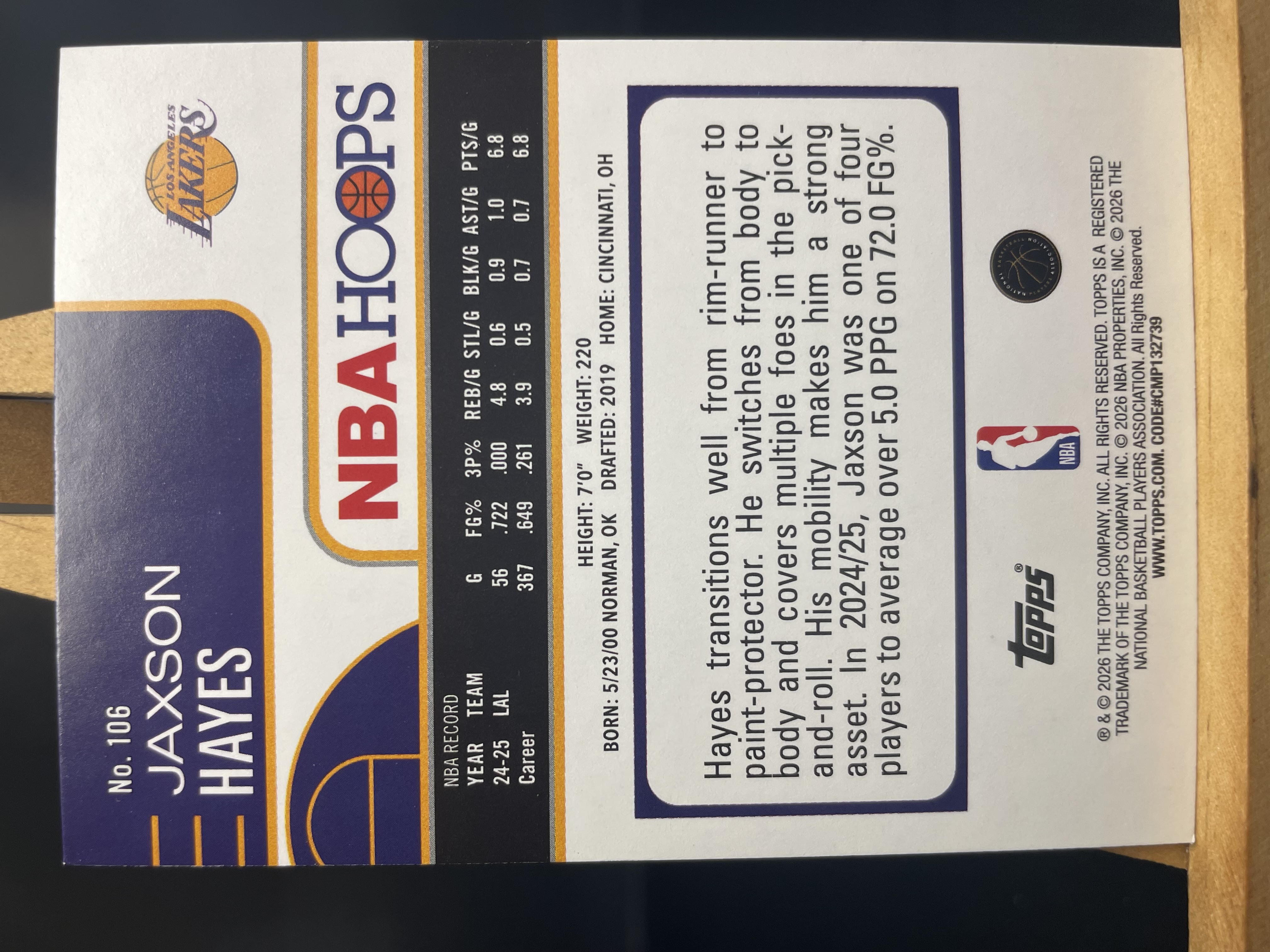 (A9) 2026 TOPPS NBAHOOPS 折射 贾克森 海斯 湖人 近期大热球星 收藏凑套必备 卡品如图 !!!