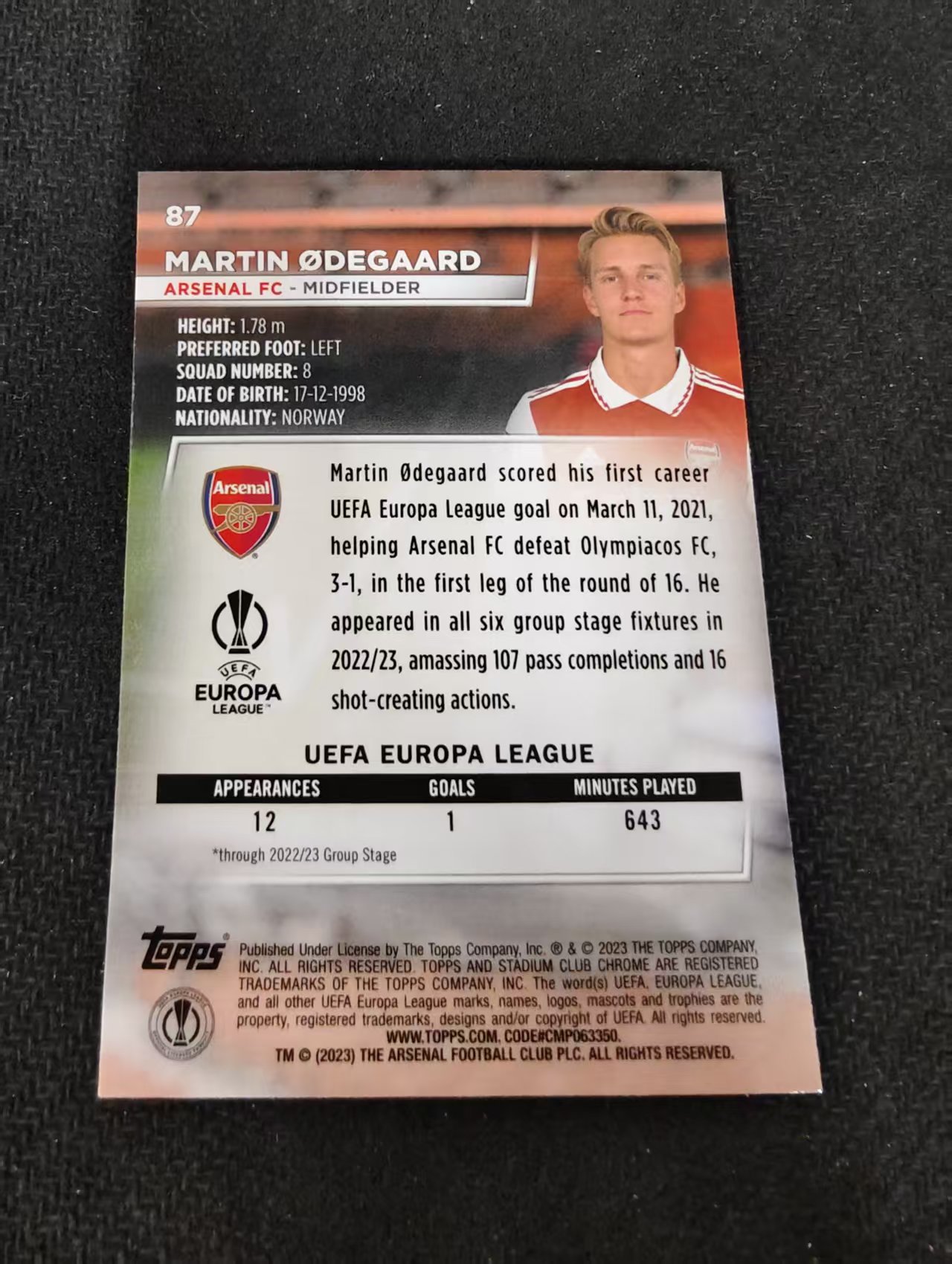 【可合并,不累计】2023 Topps Stadium Club Chrome Martin Odegaard 厄德高 阿森纳 欧冠 竞技场 不保卡品 介意勿拍 #87