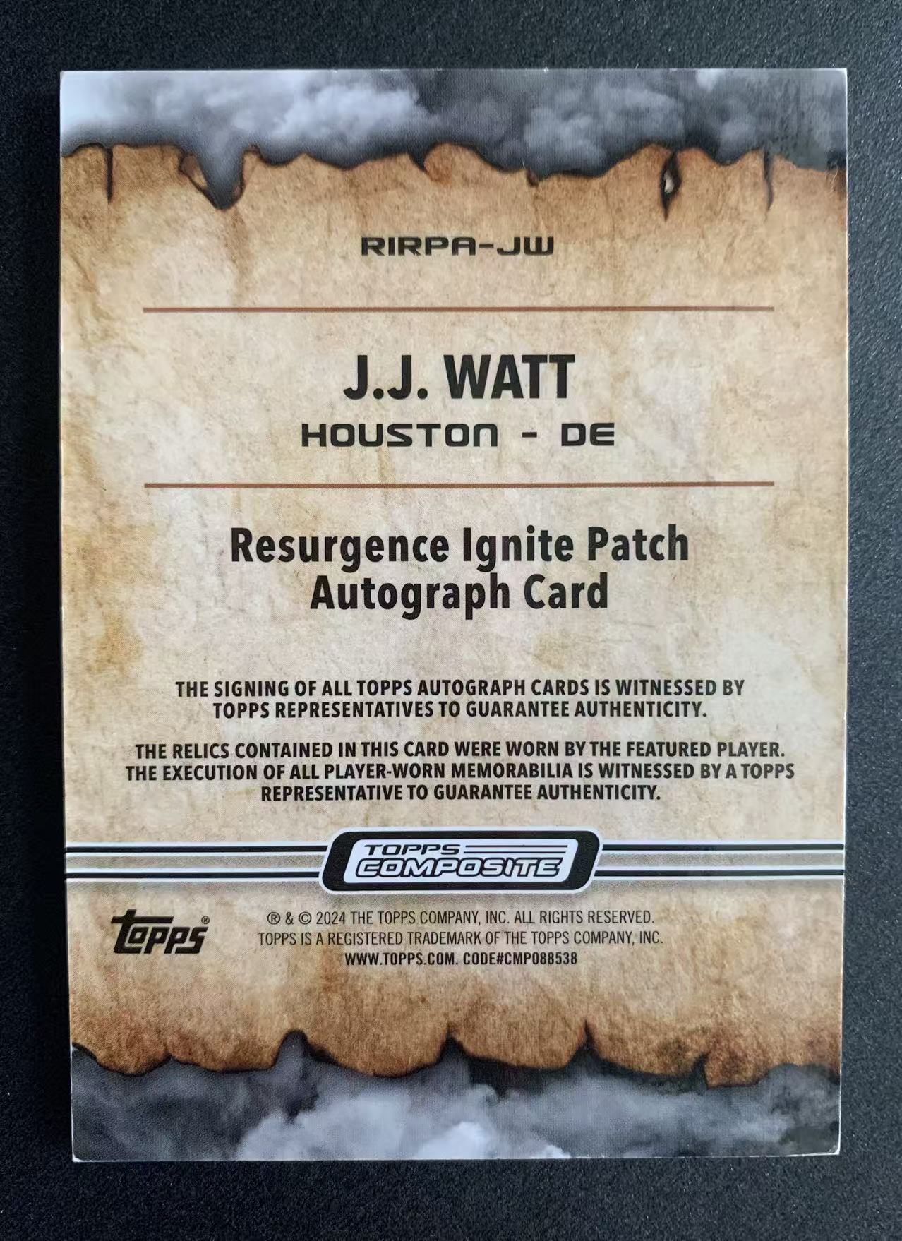 【瞳瞳代卖】2024 topps Composite 高端系列 NFL 橄榄球 JJ 瓦特 Watt 20/20 尾编 双窗 球衣 签字卡 3次最佳防守球员 5次职业碗 5次一阵 德州人队魂