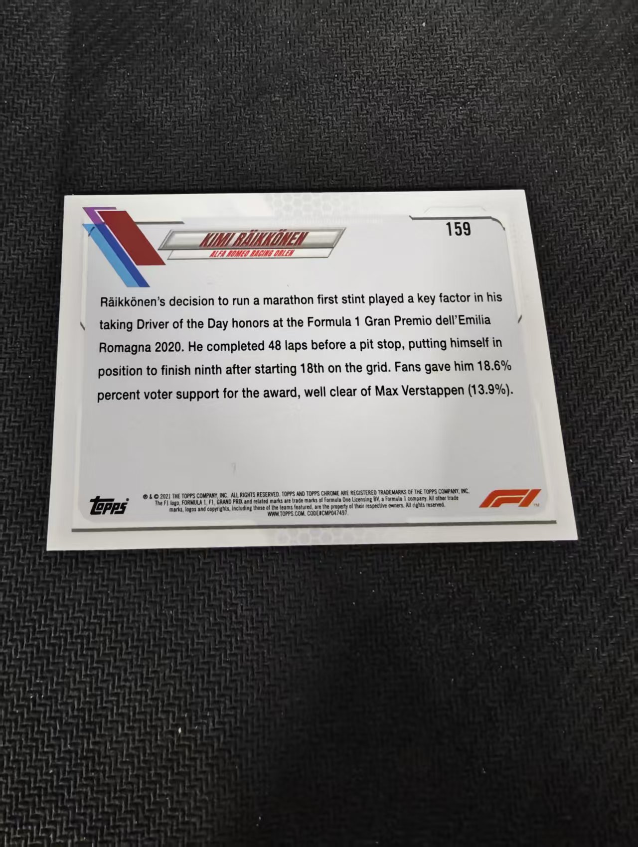 【汽水拍卖】2021 Topps Chrome F1 Kimi Raikkonen 阿尔法罗密欧 基米 莱科宁 格子折 棋盘折 划痕 边角瑕疵 #159
