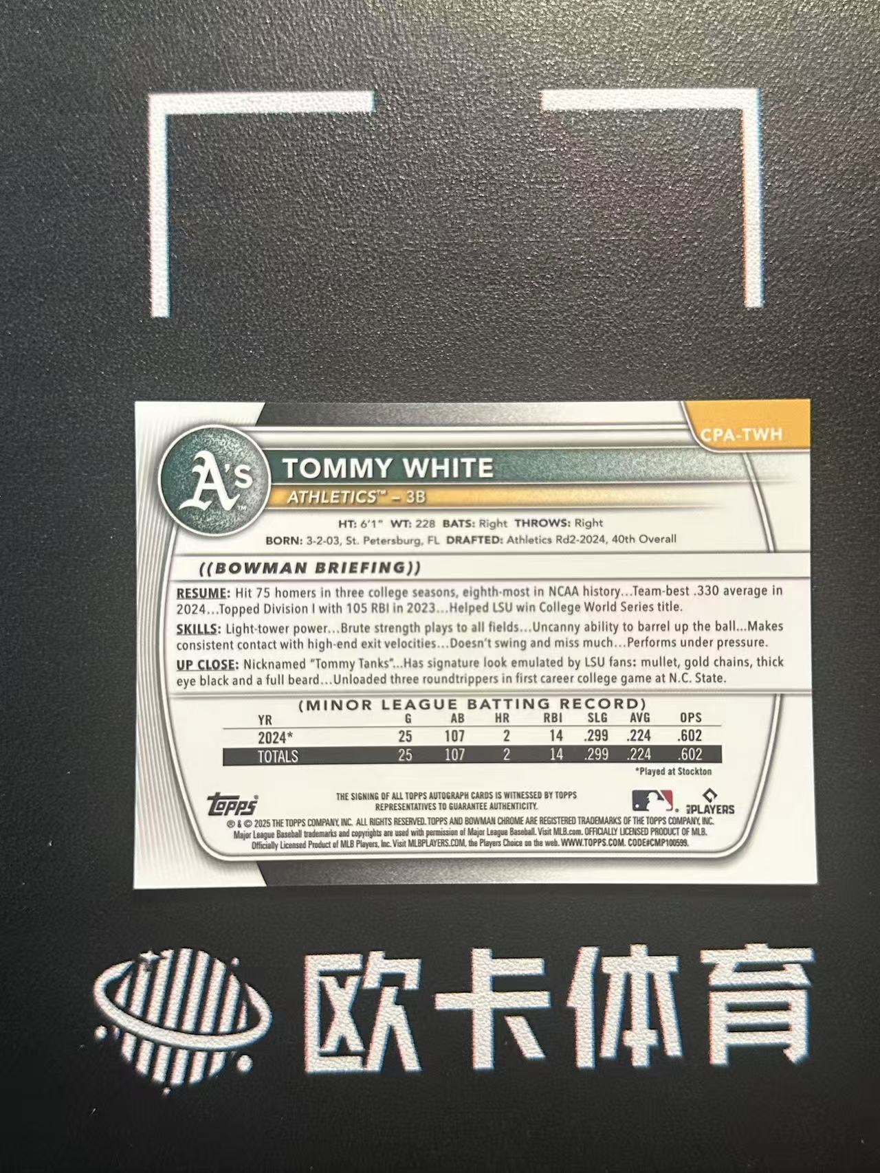 2025 Topps Bowman Chrome Tommy White 【欧卡体育】鲍曼TC 1st首秀 汤米 怀特 签字 卡签 运动家 卡品如图(YDD)