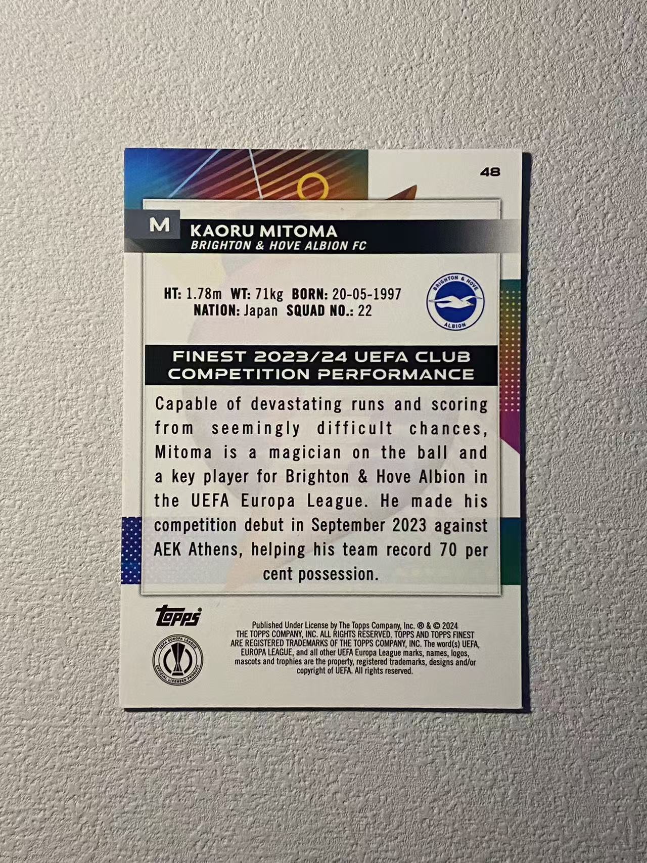 2024 Topps Finest Kaoru Mitoma 欧冠 布莱顿 三笘薫 三球王 /50编 低编 金折 折射 收藏必备