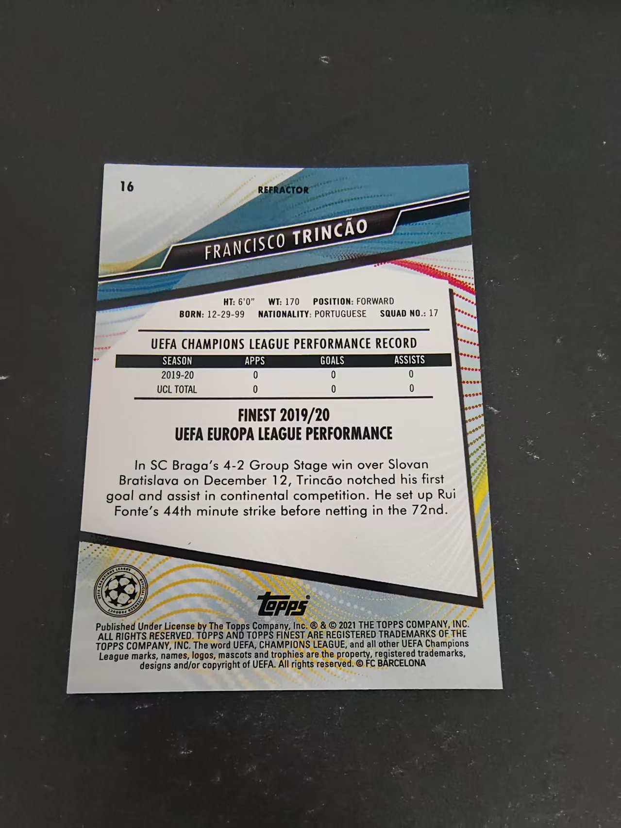 【可合并,不累计】2021 topps finest francisco trincao 巴塞罗那 弗朗西斯科 特林康 新秀 RC 欧冠 银折 #16