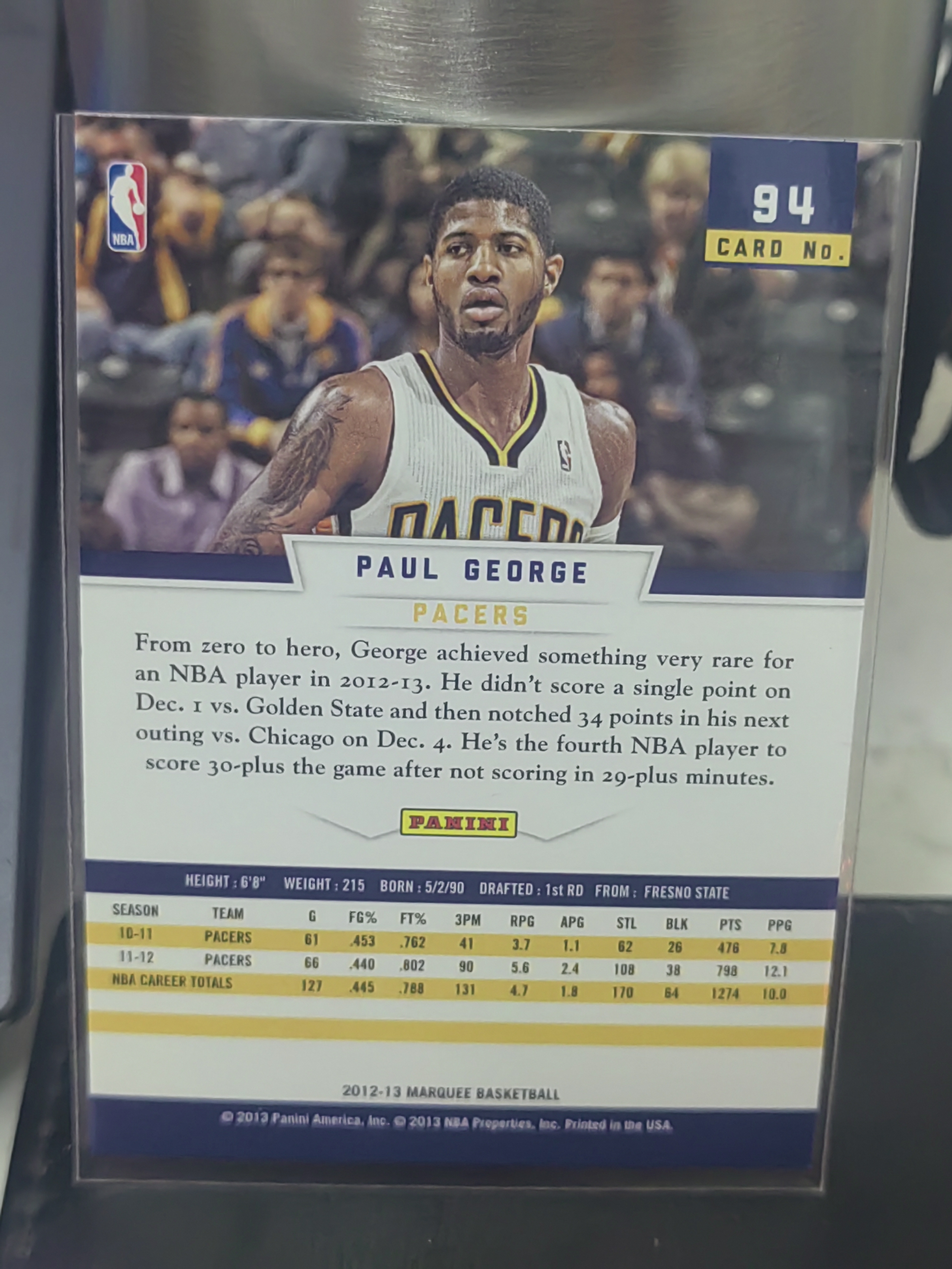 2012-13 Panini Marquee Paul George 马奎 保罗 乔治 折射 步行者 篮 白边白角 不保卡品 卡品如图