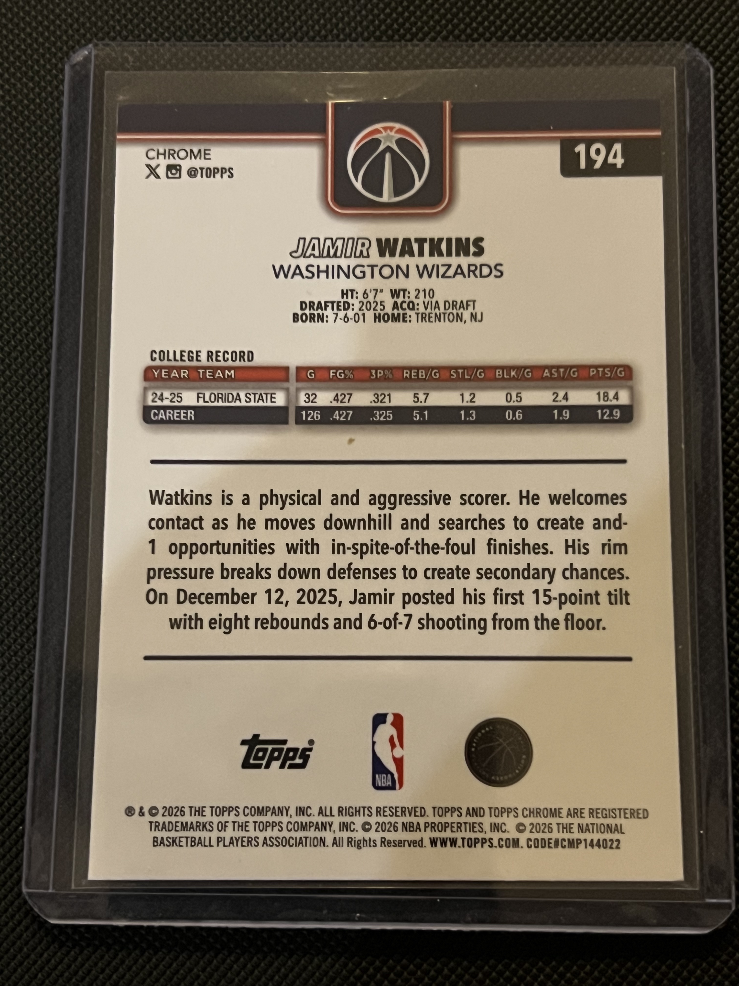 2026 Topps Chrome Jamir Watkins RC #194 奇才 贾米尔·沃特金斯 正base 新秀RC 银折 折射卡!!潜力新秀 未来可期 凑套必备!!