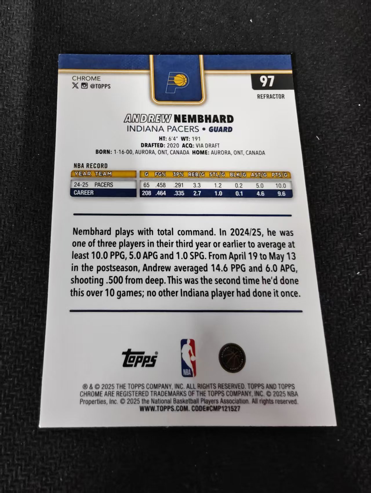 2025-26 Topps Chrome Andrew Nembhard 内姆哈德 内姆布哈德 步行者 银折 划痕 边角瑕疵 #97