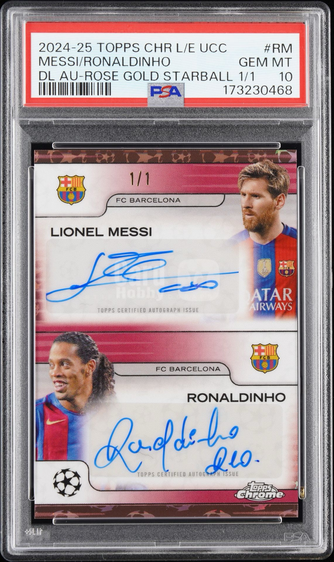 2024-25 Topps UEFA Champions League Lionel Messi 巴塞罗那 梅西 罗纳尔迪尼奥 小罗 球王传承 1/1 签字 双签 玫瑰金 爆金 PSA卡品10分