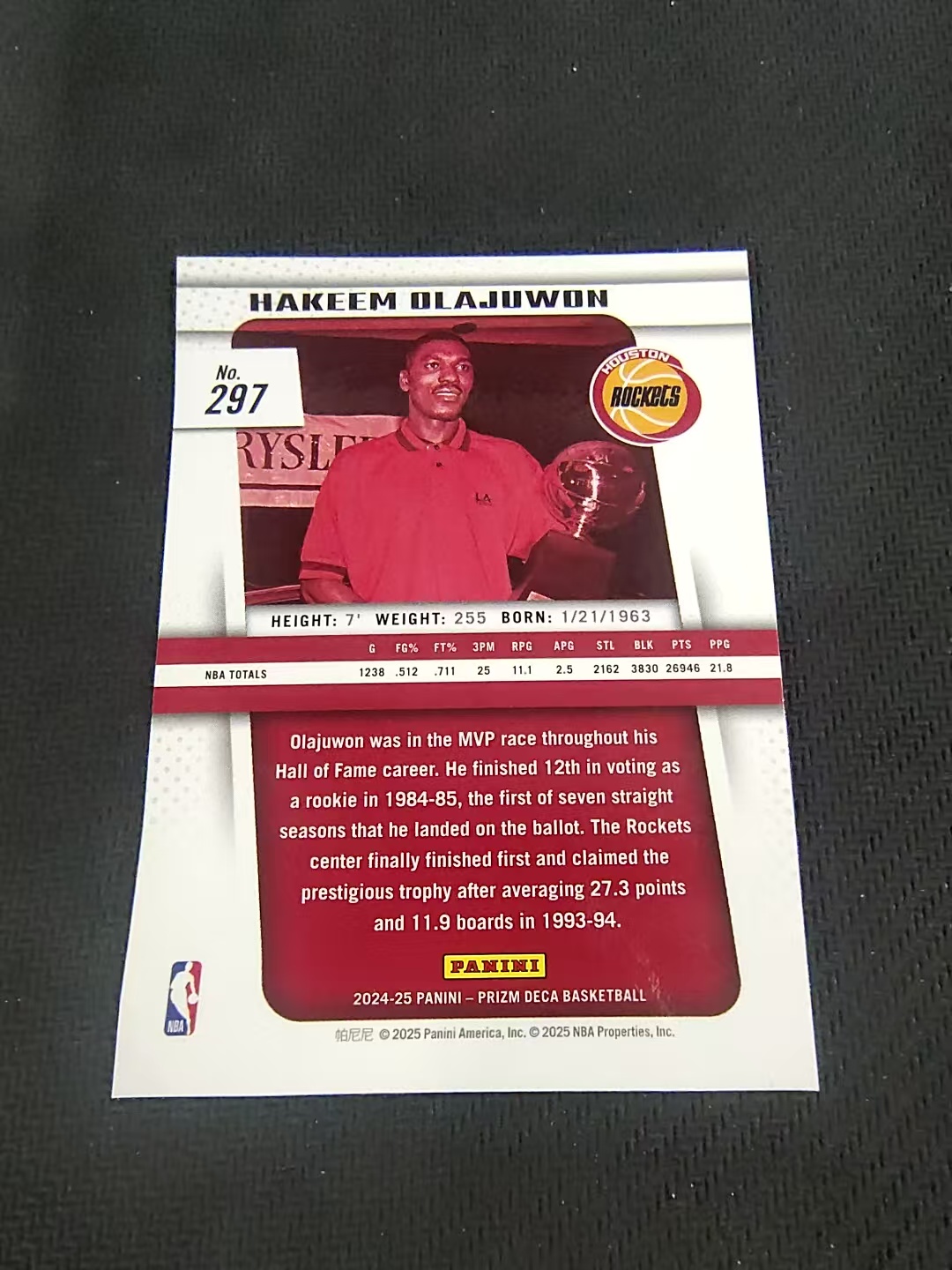 【可合并,不累计】2024-25 Panini Prizm Deca Hakeem Olajuwon PZ 奥拉朱旺 状元 PZ 复刻 MVP 捧杯 划痕 边角瑕疵 #297