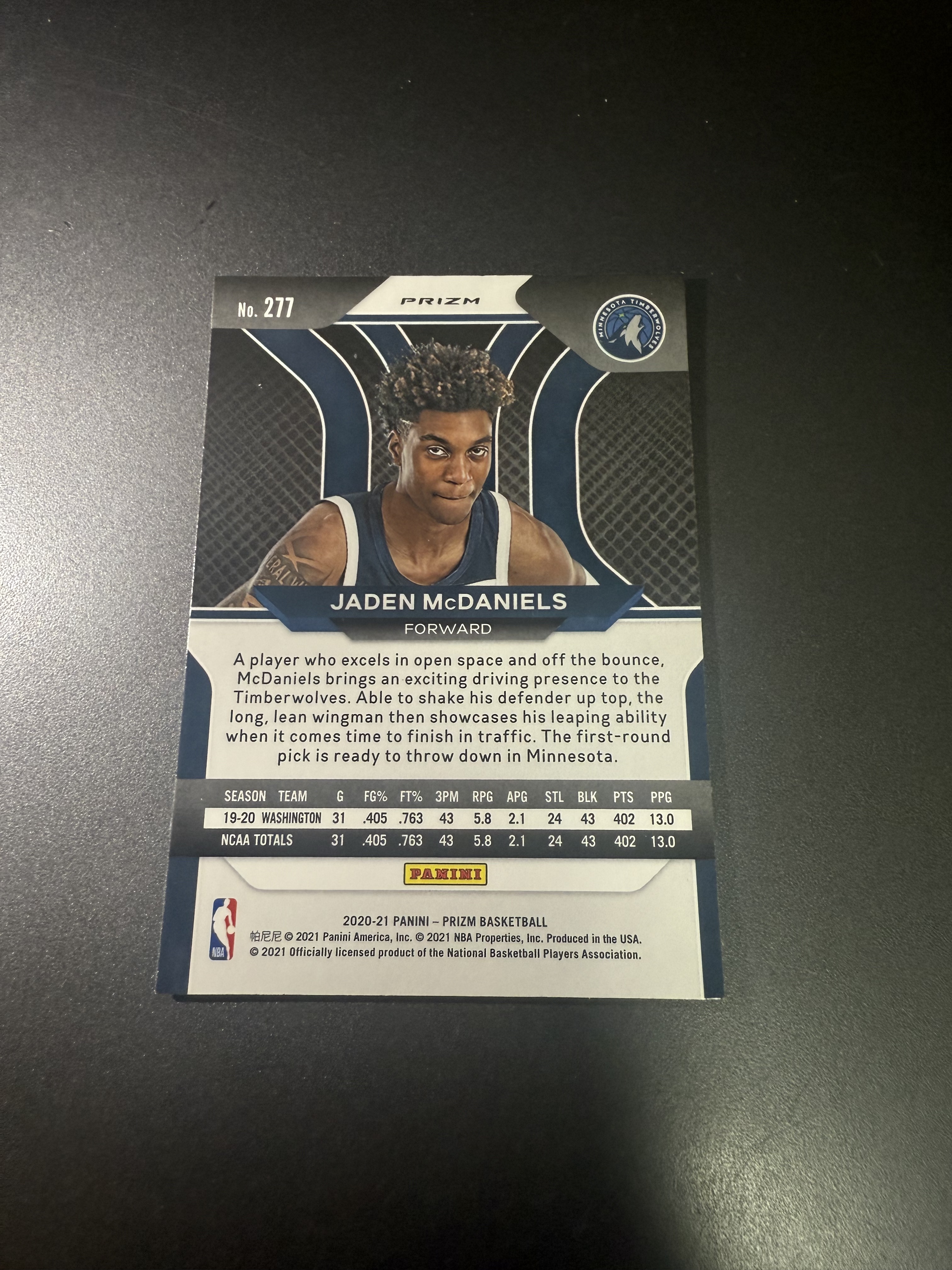 2020-21 Panini Prizm Jaden McDaniels RC 杰登 麦克丹尼尔斯 新秀 银折 T