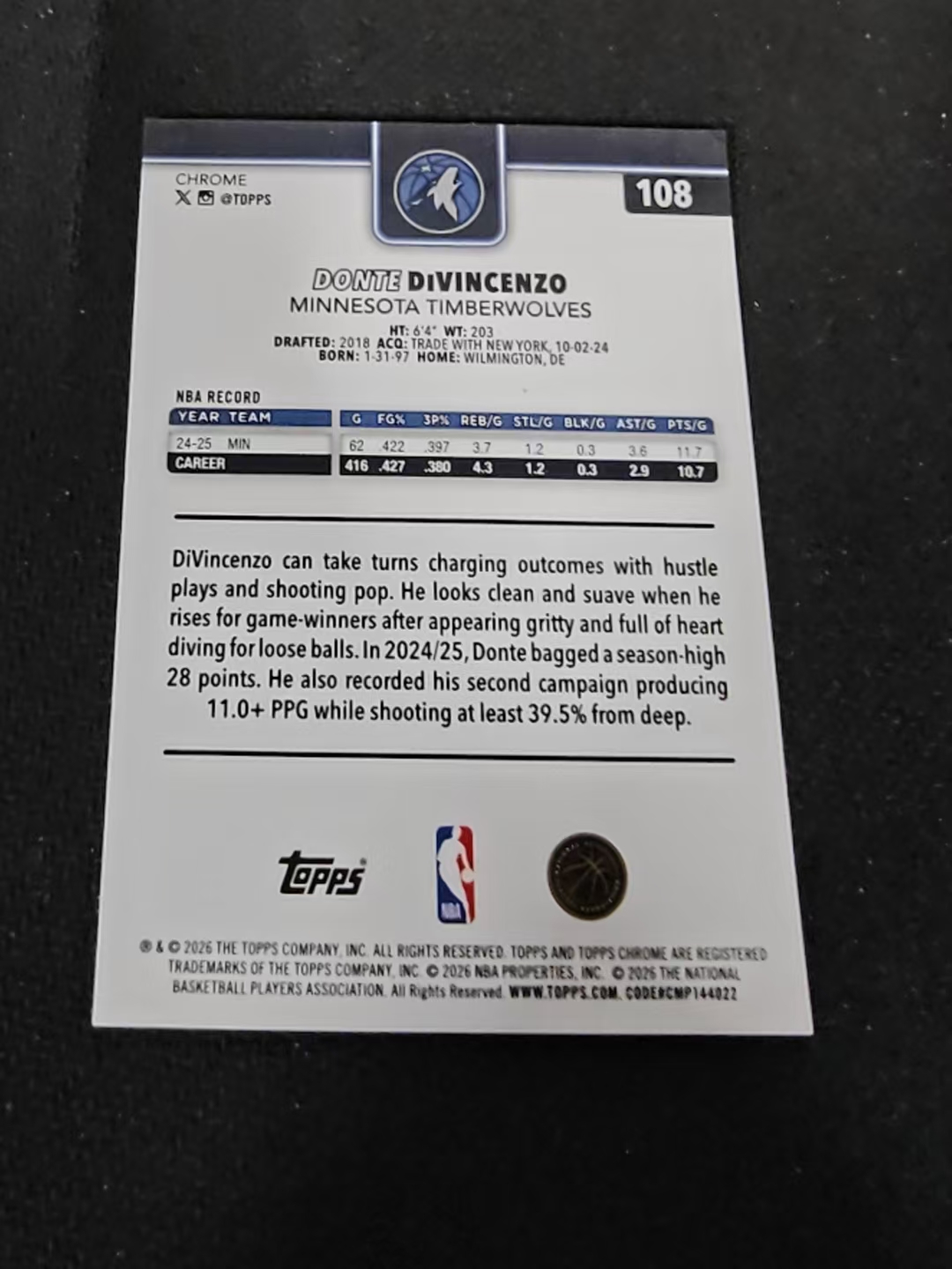2026 Topps Chrome Update Donte DiVincenzo 森林狼 迪文琴佐 迪温琴佐 TCU 划痕 边角瑕疵 #108
