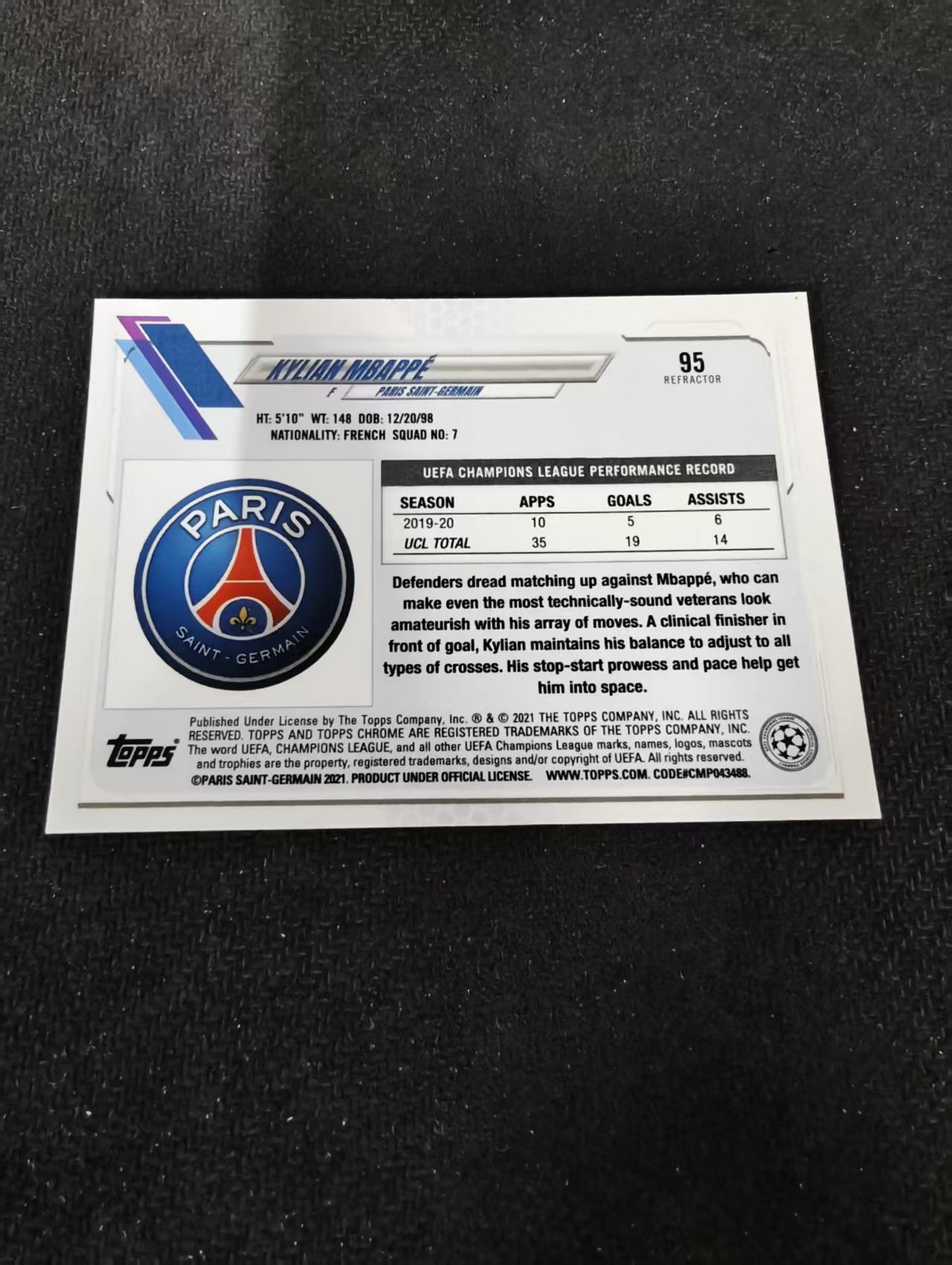 【可合并,不累计】 2021 Topps Chrome Kylian Mbappe 欧冠 巴黎圣日耳曼 姆巴佩 银折 划痕 边角瑕疵 #95