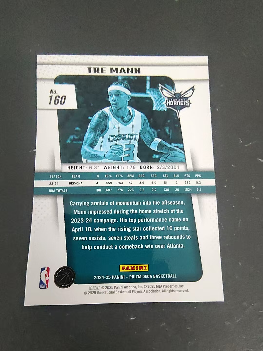 【可合并,不累计】2024-25 Panini Prizm Deca Tre Mann 复刻PZ系列 特里 特雷 曼 黄蜂 划痕 边角瑕疵 #160