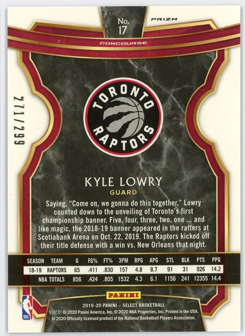 2019-20 Panini Select Kyle Lowry 凯尔洛瑞 一级 299编 天蓝折 折射 猛龙 小钢炮 卡品如图 0MJ9
