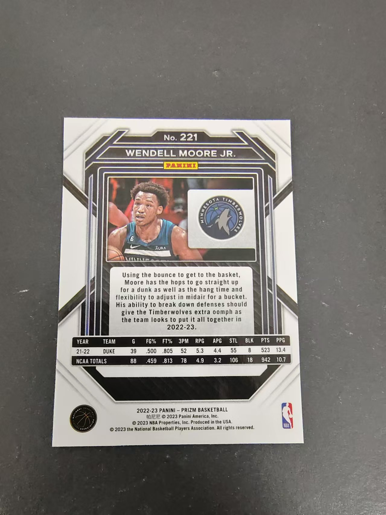 【可合并,不累计】2022-23 Panini Prizm Wendell Moore Jr. 森林狼 温德尔 摩尔 新秀 RC PZ 划痕 边角微瑕 介意勿拍 #221