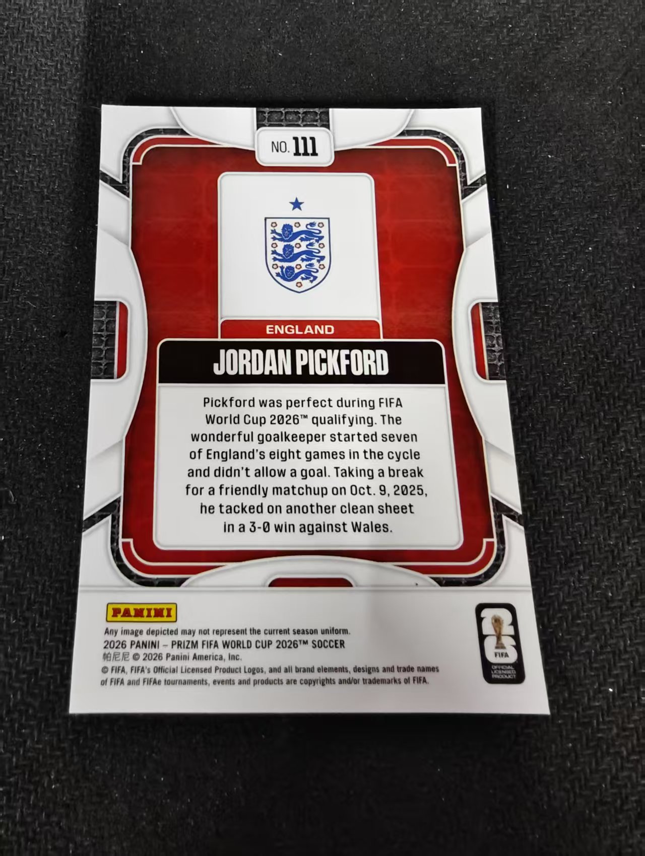 2026 Panini World Cup Prizm Jordan Pickford 世界杯PZ 英格兰 乔丹 皮克福德 PZ世界杯 划痕 边角瑕疵#111