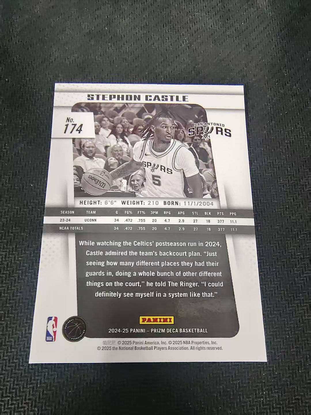 【可合并,不累计】2024-25 Panini Prizm Deca Stephon Castle 复刻PZ 新秀RC 斯蒂芬 卡斯尔 马刺 划痕 边角瑕疵 #174