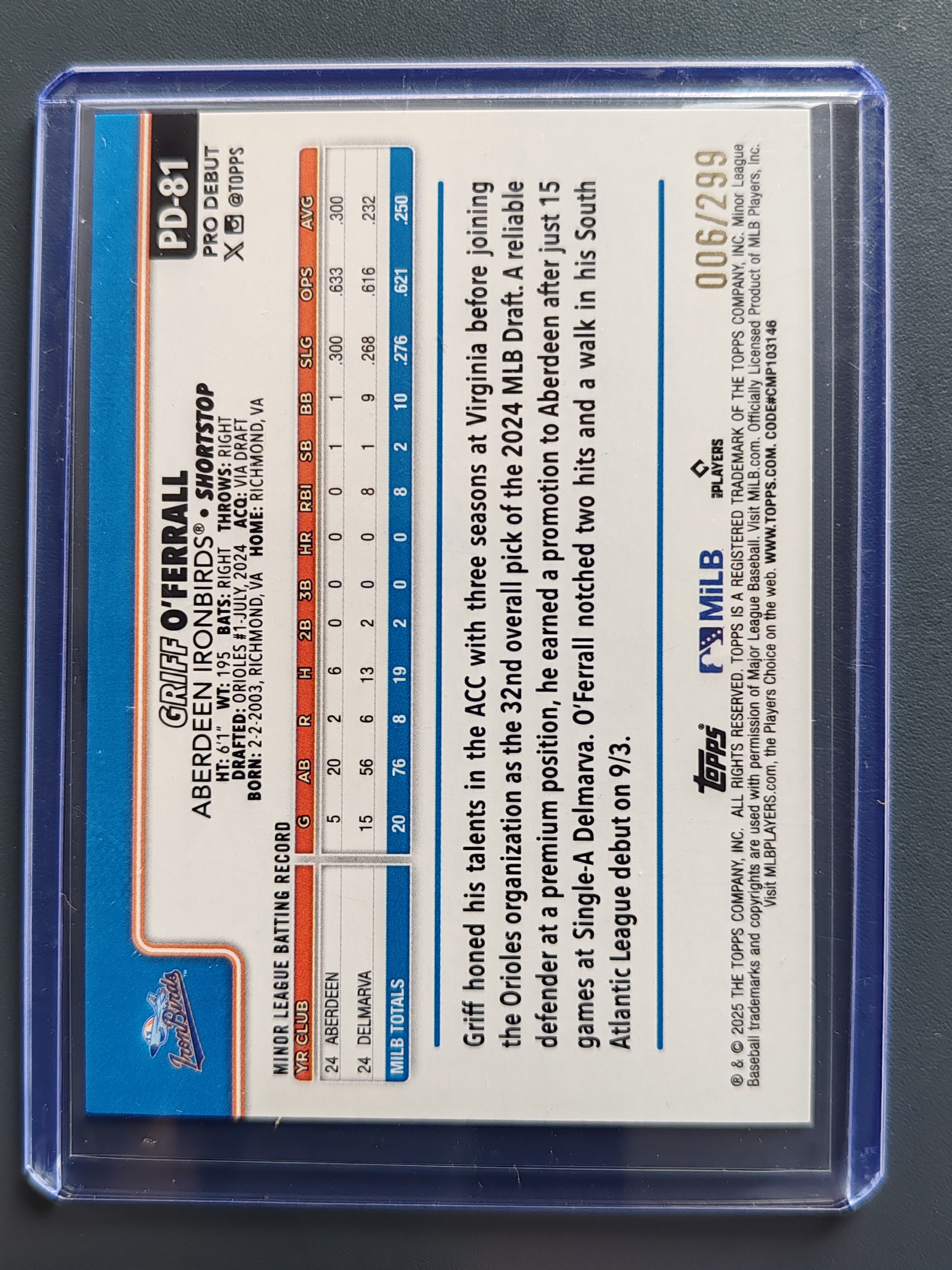 2025 Topps Pro Debut Griff O'Ferrall 299编!紫折!【9527】