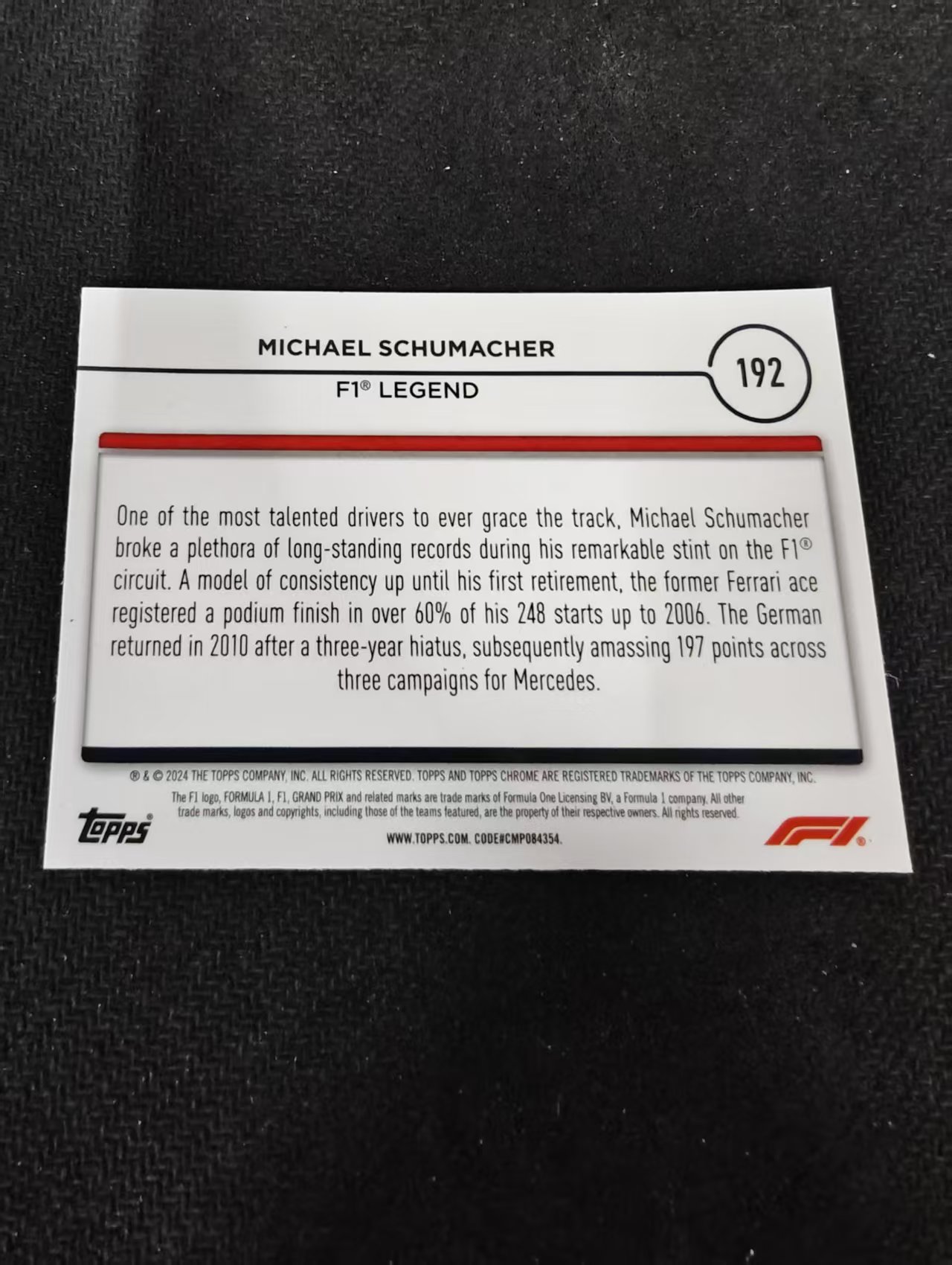2024 Topps Chrome F1 Michael Schumacher 法拉利 传奇车王 迈克尔 舒马赫 划痕 边角瑕疵 #192