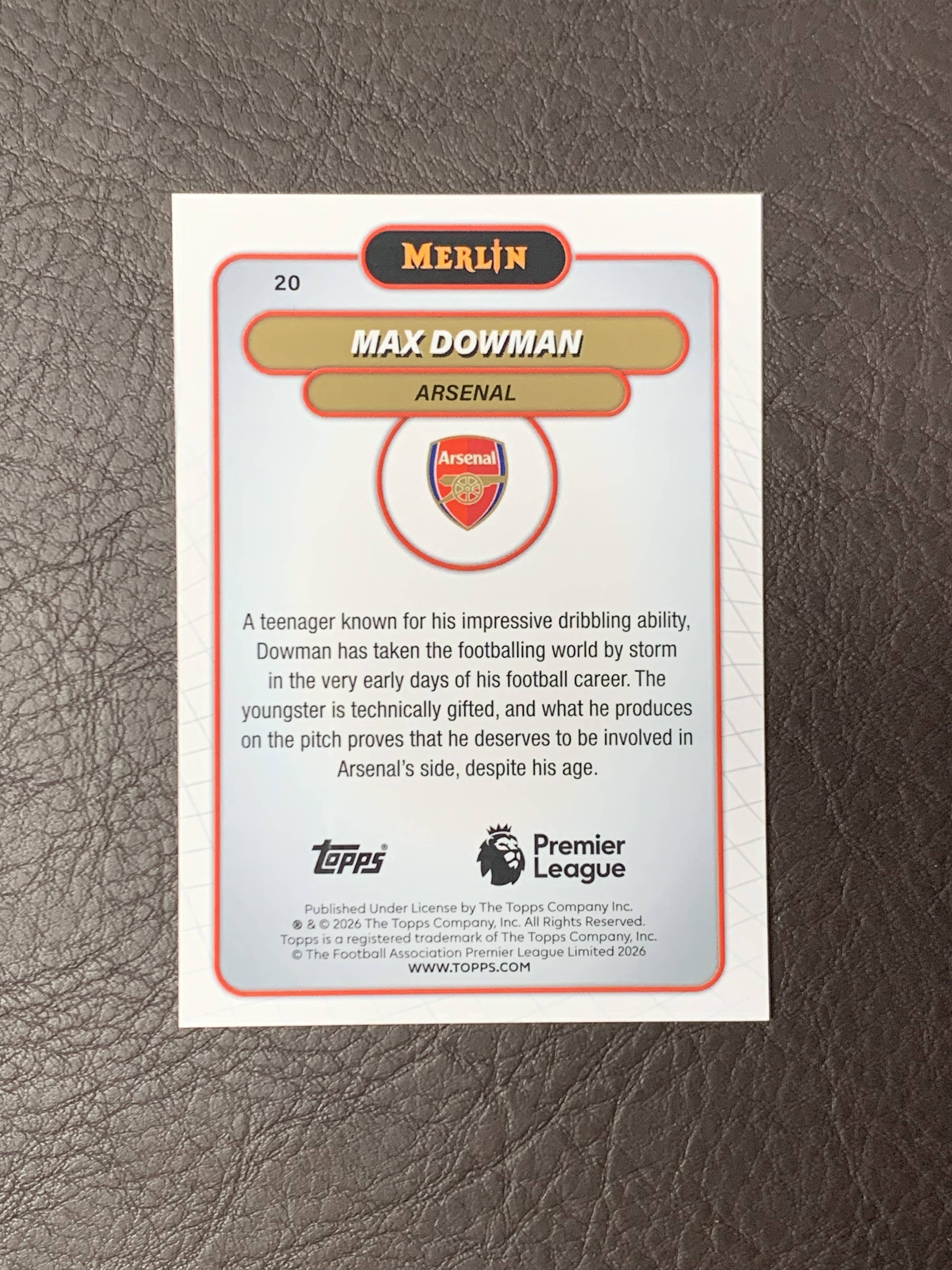 2026 Topps Merlin Max Dowman 马克斯 道曼 新秀RC 阿森纳 大热新星 199编 青折 折射 轻痕