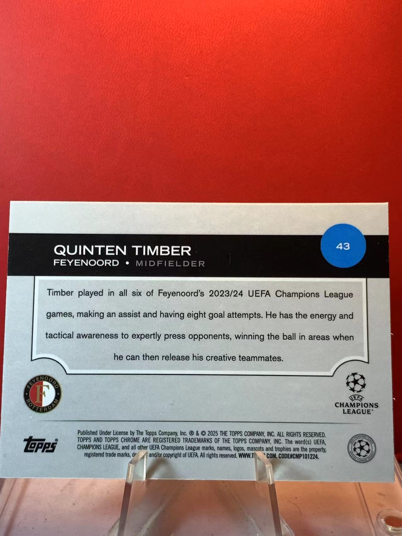 (詹叔代拍)屯新秀!2025 Topps Chrome Quinten Timber 欧冠 费耶诺德 昆滕 廷贝尔 RC 紫龙鳞折 折射 57/75编 顺丰寄付 泰山