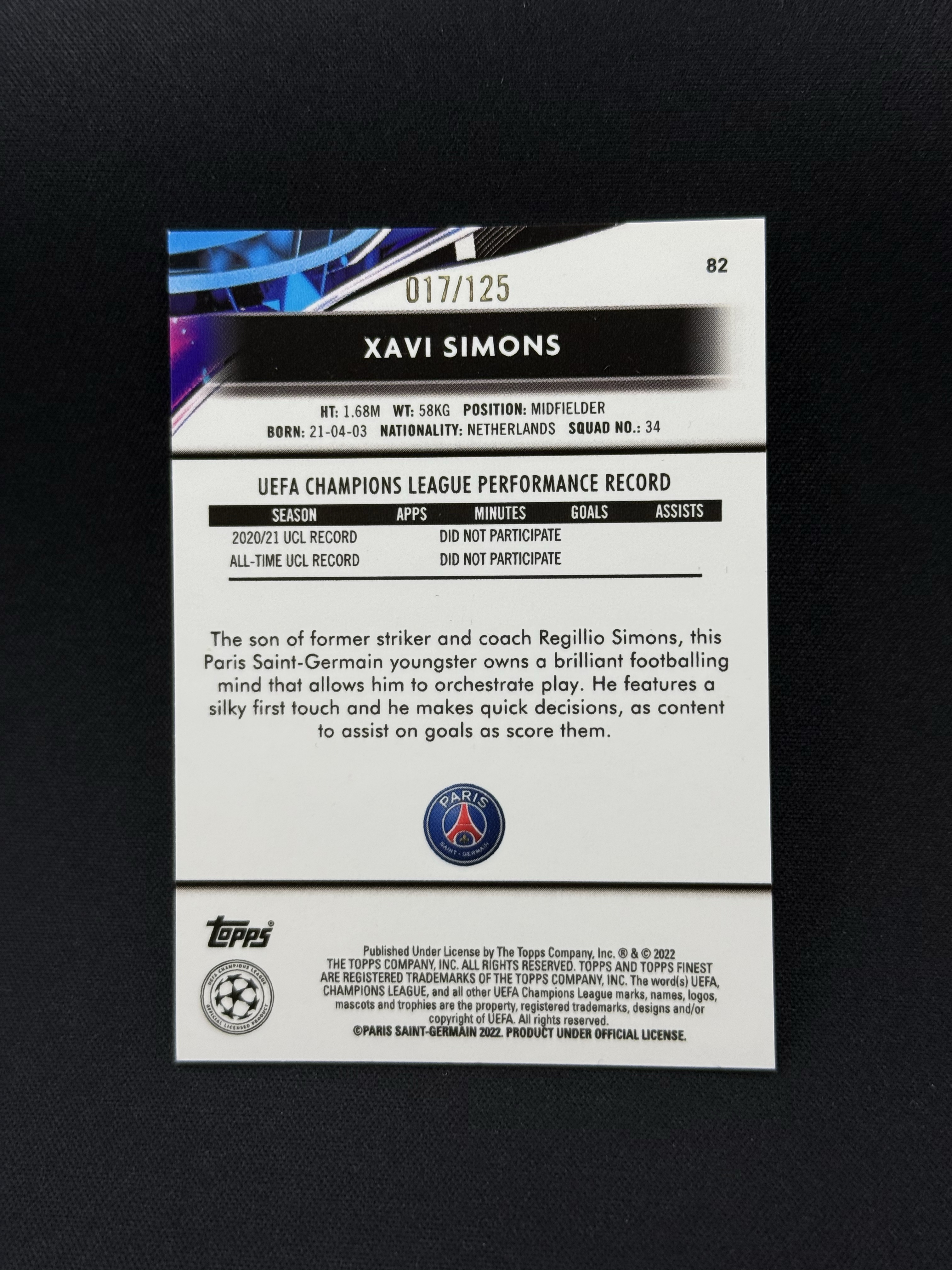 2021-22 Topps Finest Xavi Simons 【小贝代拍】欧冠 Finest 大巴黎 哈维 西蒙斯 粉折 125编 卡品如图 拍前看描述 H CT