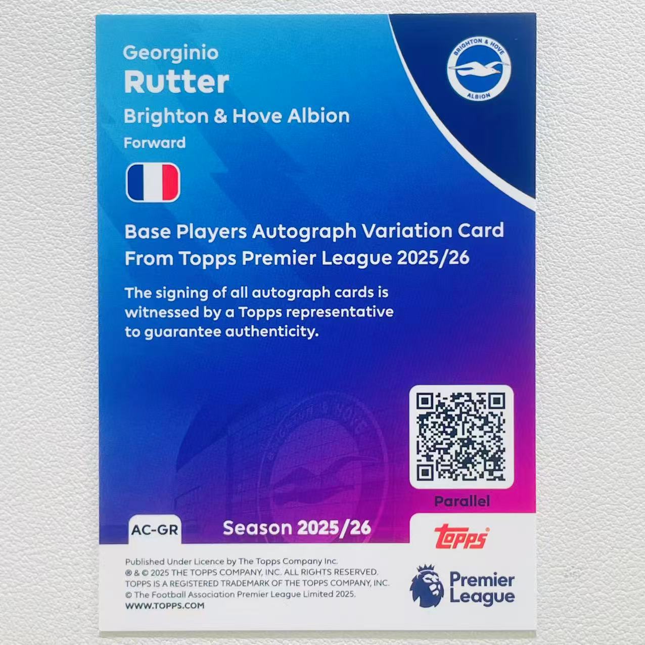 2025-26 Topps Premier League Georginio Rutter 英超 法国 布莱顿 吕特 签字 75编 黑白折 同背 巴莱巴格鲁达明特齐马斯范黑克戈麦斯阿亚里队友 B