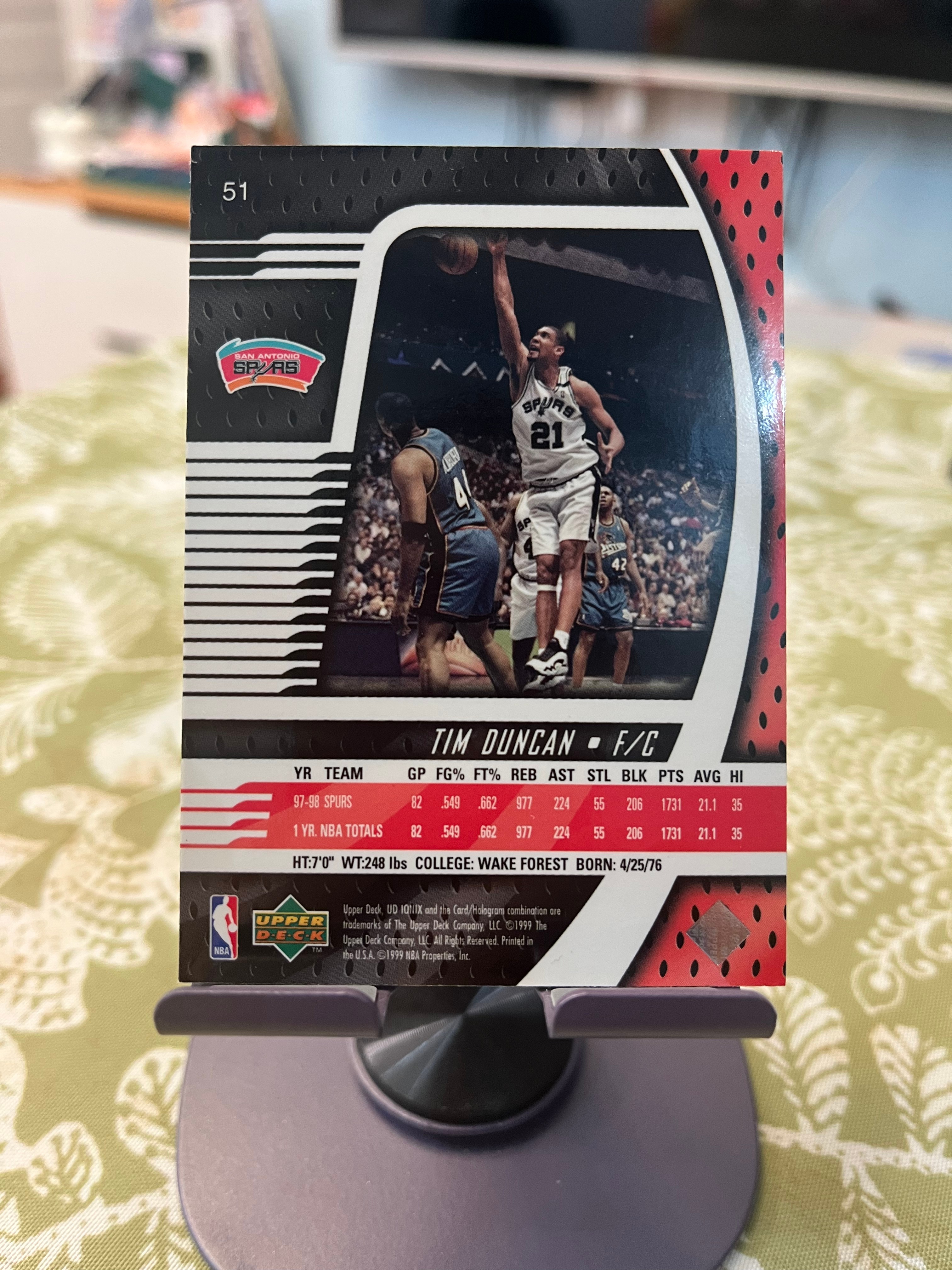 1999 Upper Deck 老卡 老特 Tim Duncan 蒂姆 邓肯 石佛 马刺【折射 UD IONIX】【边角瑕疵如图 介意勿拍】#1025