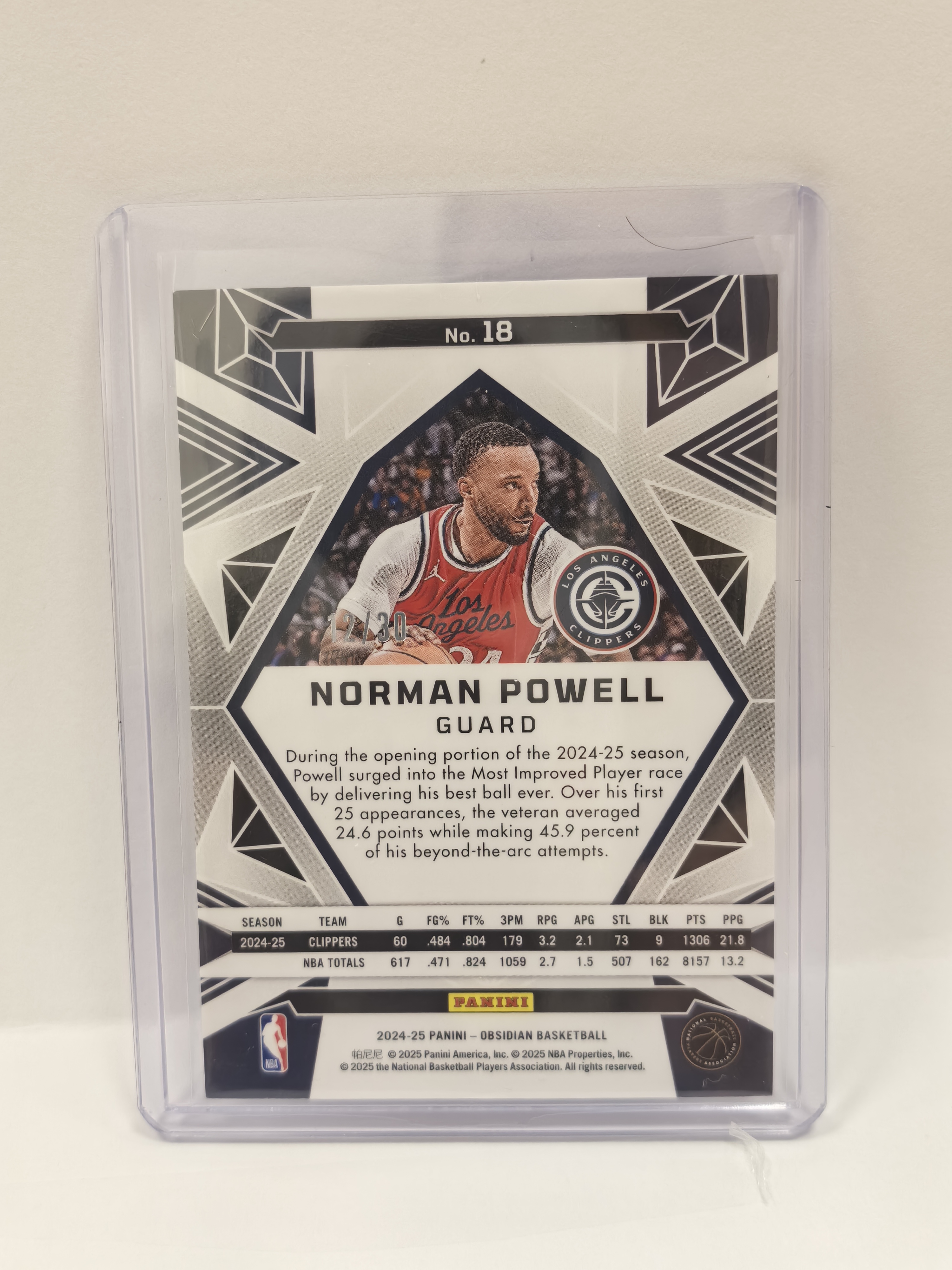 2024-25 Panini Obsidian Norman Powell 诺曼 鲍威尔 快船 黑曜石 12/30编 折射 蓝折 卡品如图