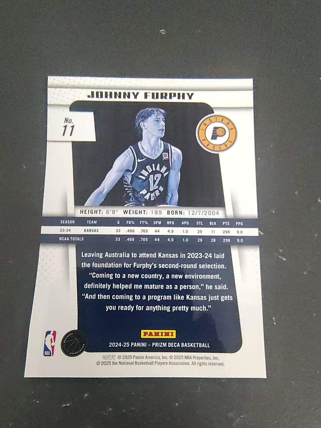 【可合并,不累计】2024-25 Panini Prizm Deca Johnny Furphy 复刻PZ 新秀RC 约翰尼 弗菲 步行者 划痕 边角瑕疵 #11