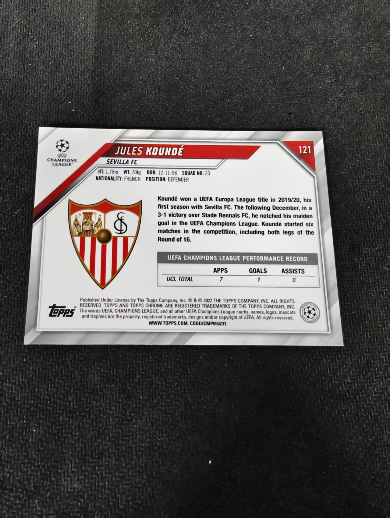 【可合并,不累计】2022 Topps Chrome jules kounde 塞维利亚 孔德 碎点折 欧冠 划痕 边角瑕疵 #121
