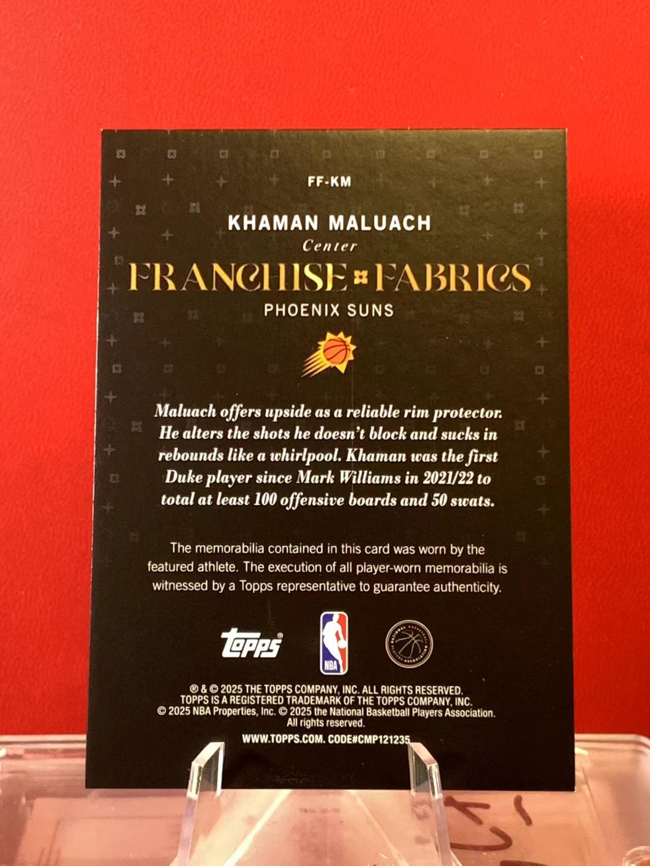 (詹叔代拍)2025 Topps NBA Khaman Maluach RC 马鲁阿奇 太阳 新秀 RC 亲穿球衣 物料切割 银折 折射 厚卡 卡品如图 顺丰寄付 i3