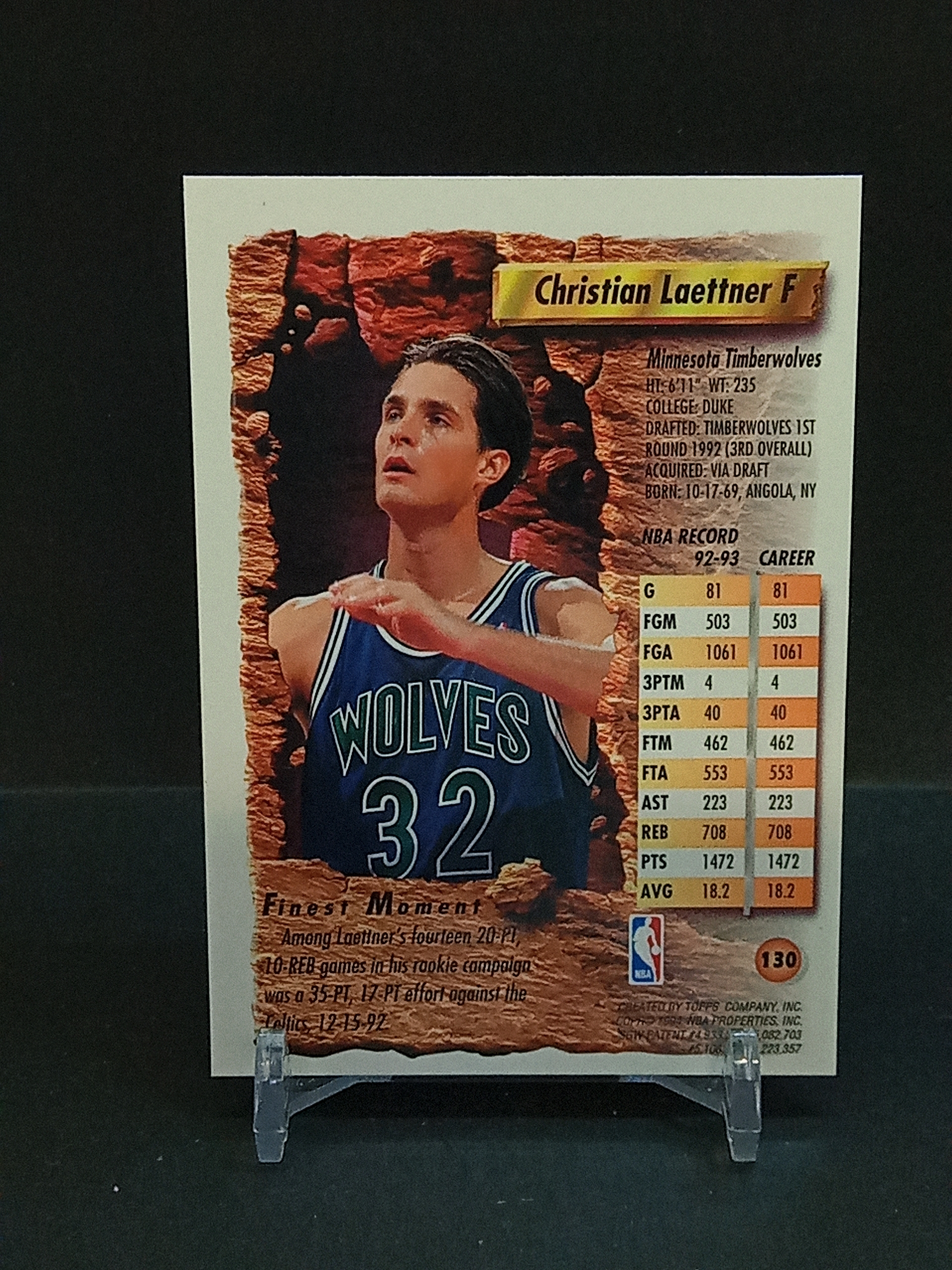 【DC拍卖】9.29小科比 `1993-94 Topps Finest #130 Christian Laettner 克里斯蒂安莱特纳 森林狼经典折射老卡,梦幻队成员`