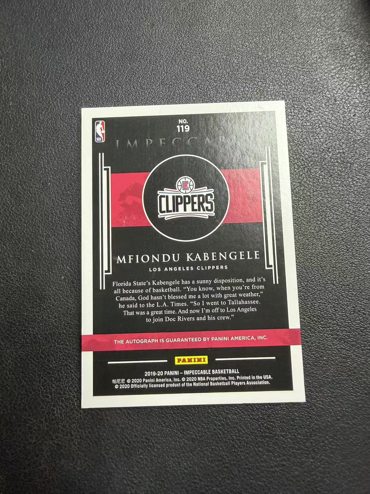 2019-20 Panini Impeccable Mfiondu Kabengele RC 小真金 快船 卡本盖莱 新秀 99编 卡签 回眸签 卡品如图 榊