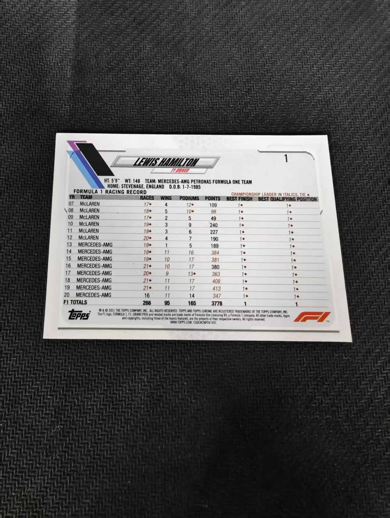 【可合并,不累计】2021 Topps Chrome Lewis Hamilton F1 梅赛德斯奔驰车队 刘易斯 汉密尔顿 划痕 坑印 边角瑕疵 #1
