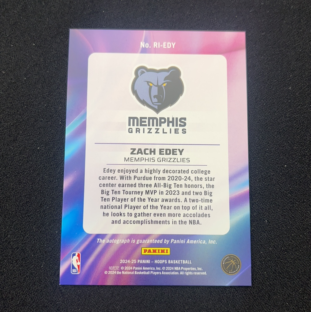 2024-25 Panini NBA Hoops Zach Edey 【小V代拍】周志豪 扎克 埃迪 灰熊 银折 签字 贴签 新秀 rc 卡品如图【咬人猫】z