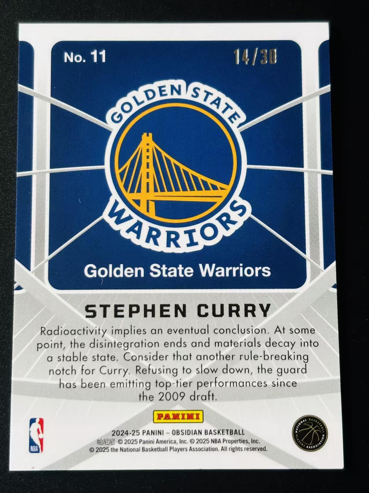 2024-25 Panini Obsidian Stephen Curry 黑曜石 勇士 斯蒂芬 库里 14/30编 背号编 碎冰折 原子缩写 特卡 凑套必备 不累计