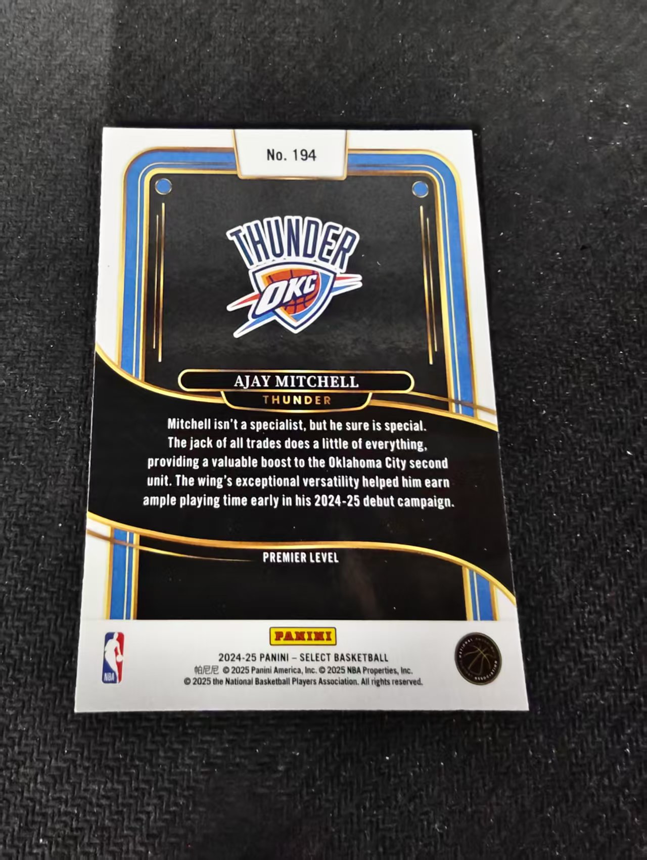 【可合并,不累计】2024-25 Panini Select ajay mitchell 雷霆 阿贾伊 米切尔 rc 新秀 二级 划痕 边角瑕疵 #194
