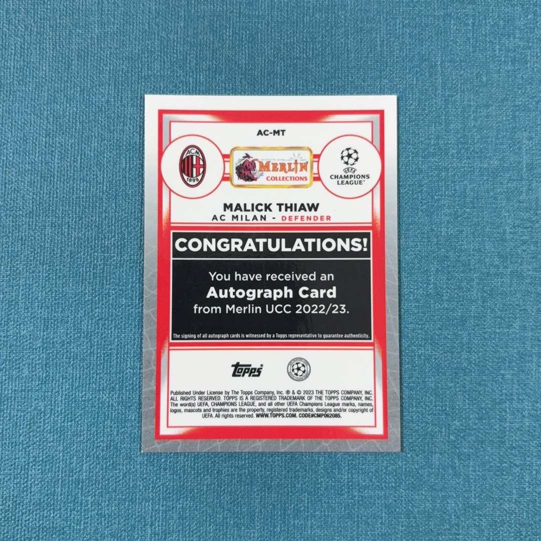 2022-23 Topps Merlin 欧战 梅林 Malick Thiaw 佳夫 签字 银折 AC米兰 卡品如图 DWL
