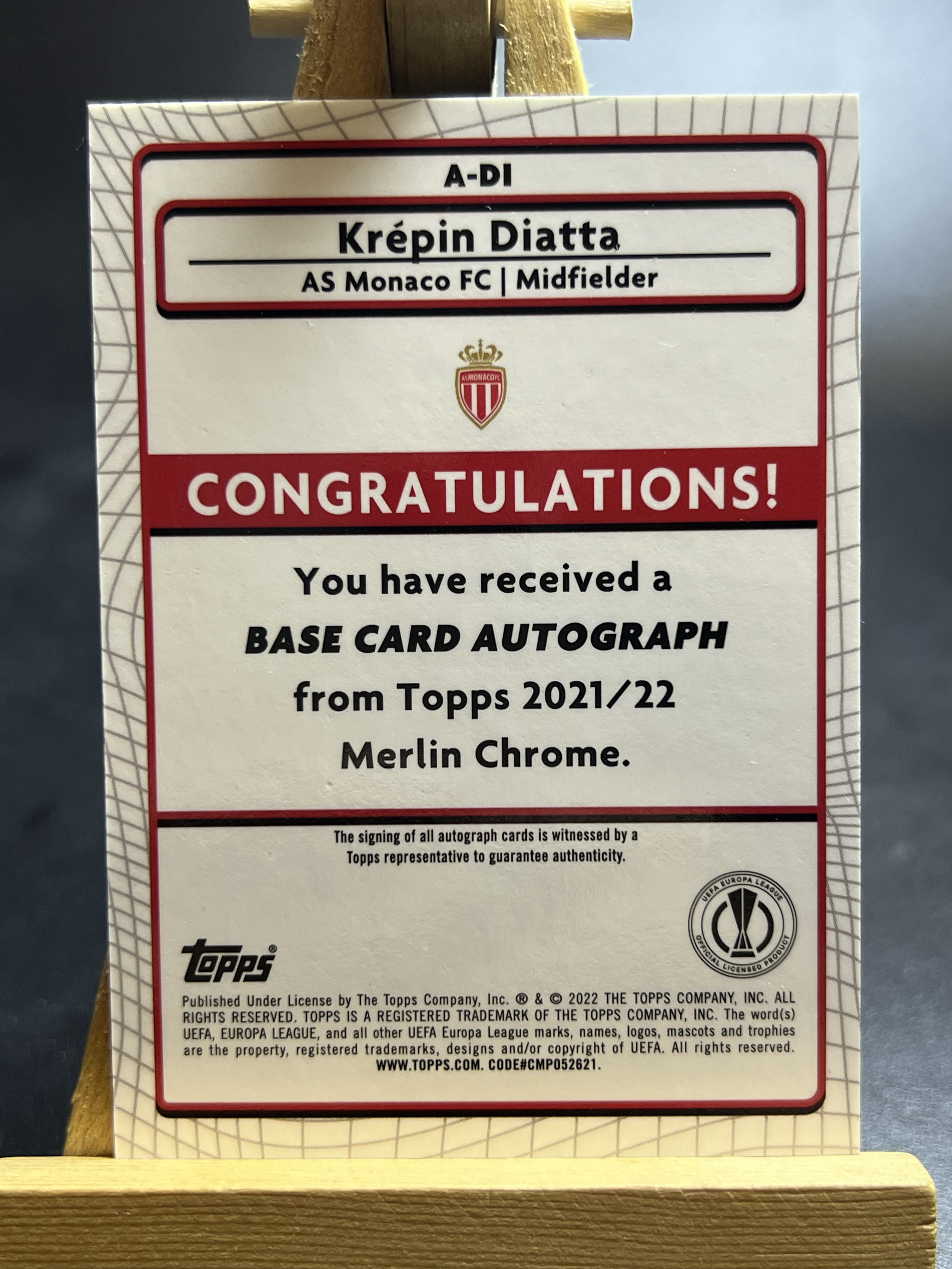 2023 Topps Merlin chrome Krepin Diatta 欧联杯 摩纳哥 克雷平迪亚塔 银折 折射 签字 李哥 叉叉拍卖