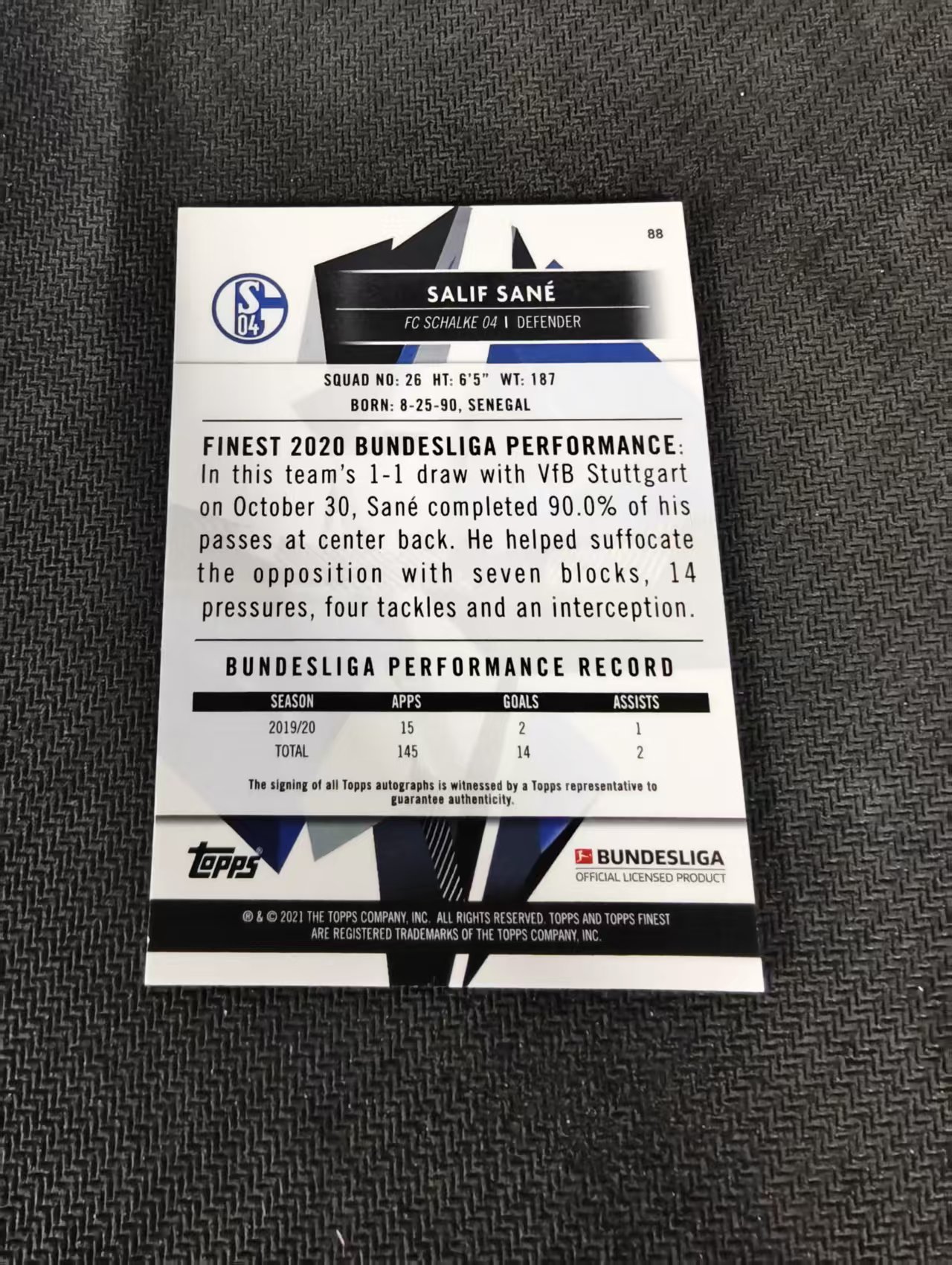 【可合并,不累计】2021 Topps Finest Salif Sane 德甲Finest 沙尔克04 萨内 贝尔 签字 签名 银折 瑕疵如图