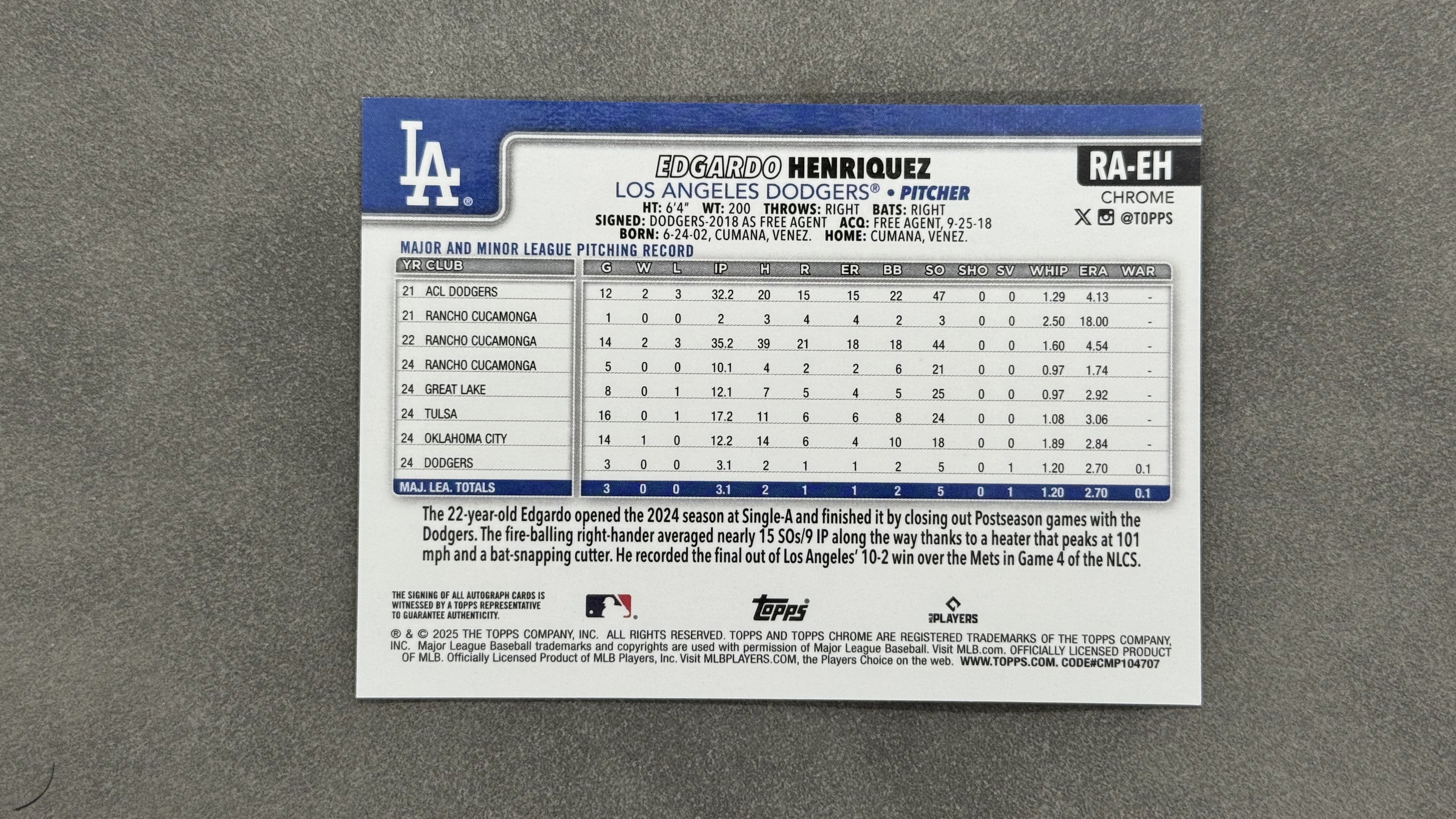 2025 Topps Chrome Edgardo Henriquez RC 道奇队 埃德加多・路易斯・恩里克斯 新秀救援投手 火球男 赛季表现不俗 签字 卡签 未来潜力可期 值得收藏 #RA-EH