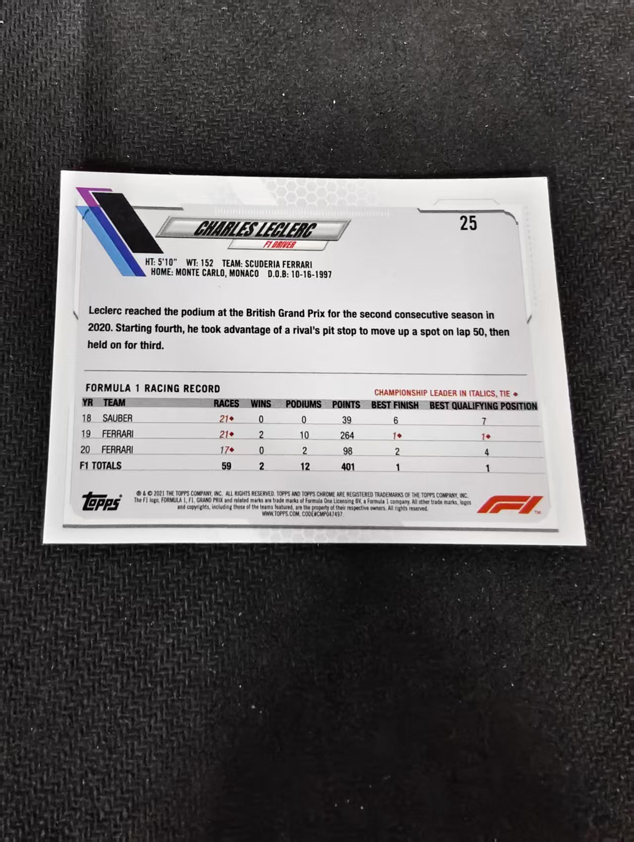 2021 Topps Chrome Charles Leclerc F1 法拉利 勒克莱尔 划痕 边角瑕疵 #25