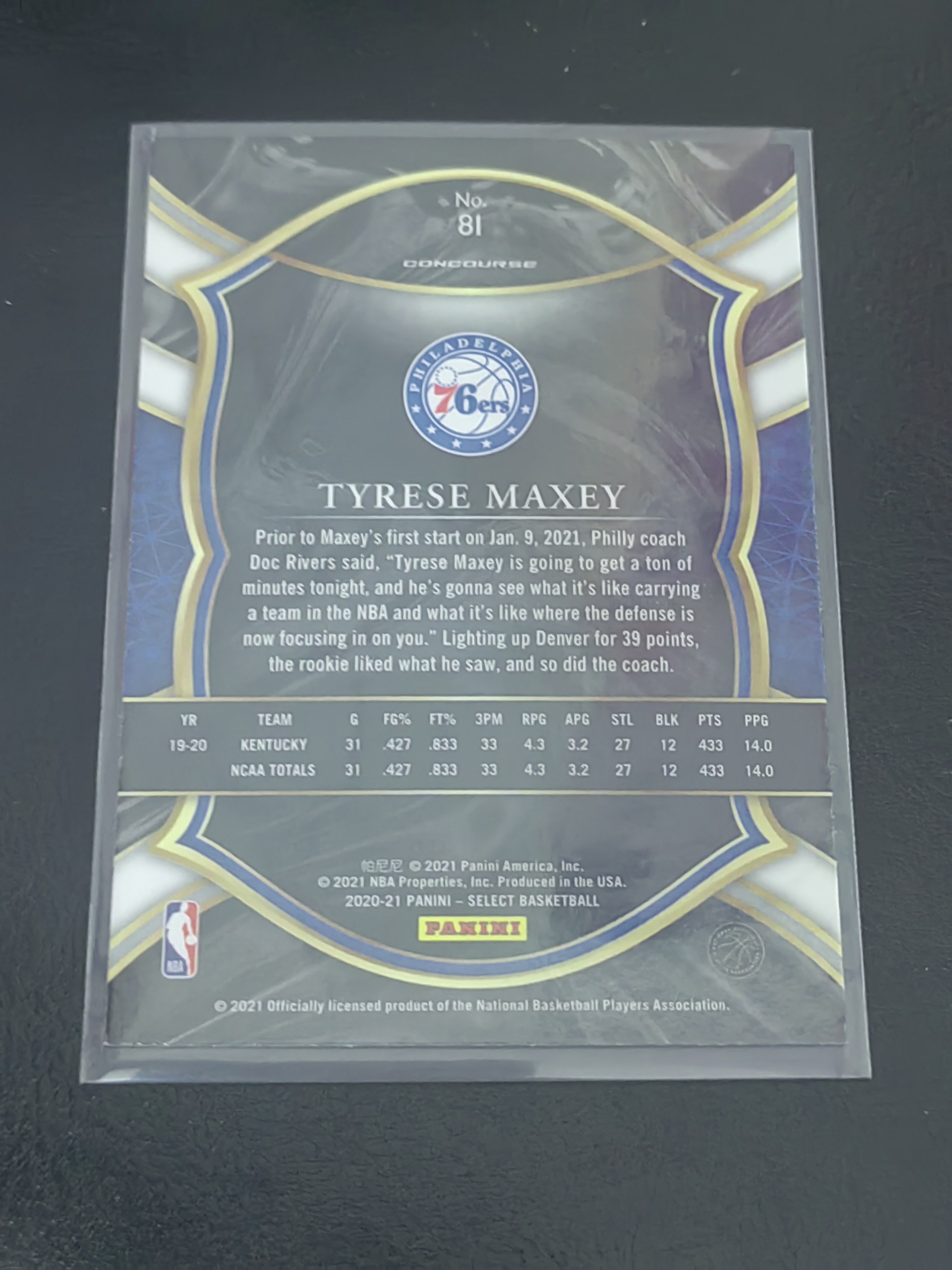 2021 Panini Select Tyrese Maxey RC SELECT 新秀 泰雷斯·马克西 76人 篮 白边白角 不保卡品 卡品如图