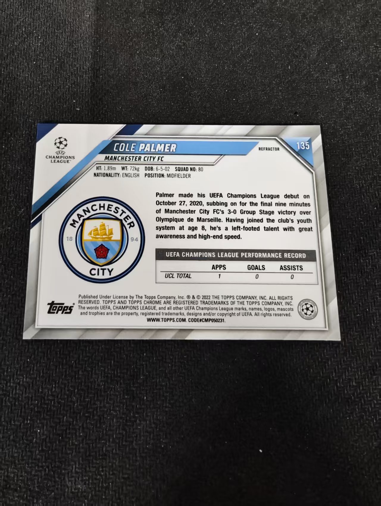 【可合并,不累计】2022 Topps Chrome Cole Palmer 科尔 帕尔默 曼城 切尔西 英格兰 新秀RC 银折 欧冠 划痕 边角瑕疵 #135