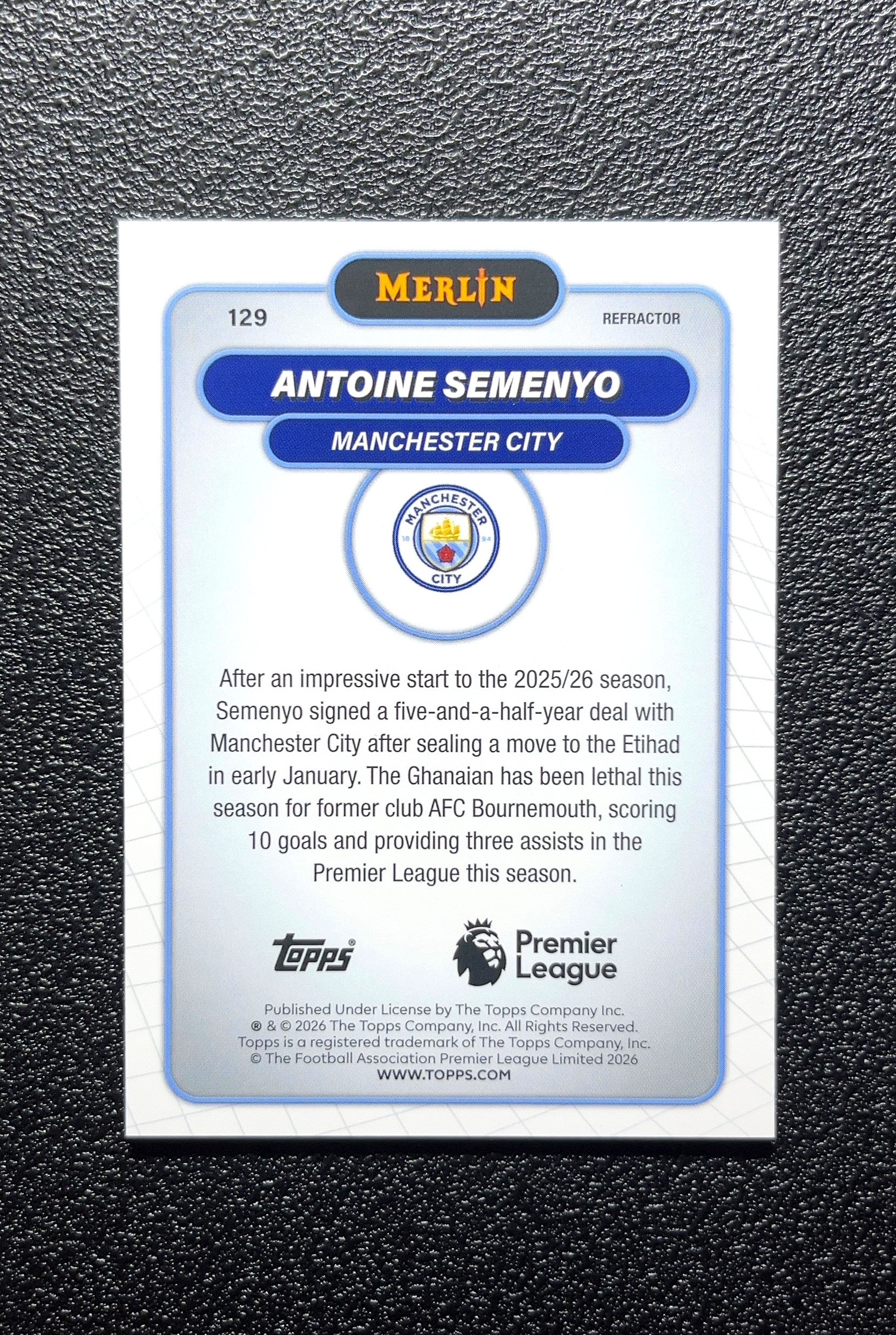 【小白1%代卖】2026 Topps Merlin RefraCTOR 折射卡 Antoine Semenyo 安东尼·塞梅诺 银折 折射 卡品如图 高价值 #129 Manchester 0802