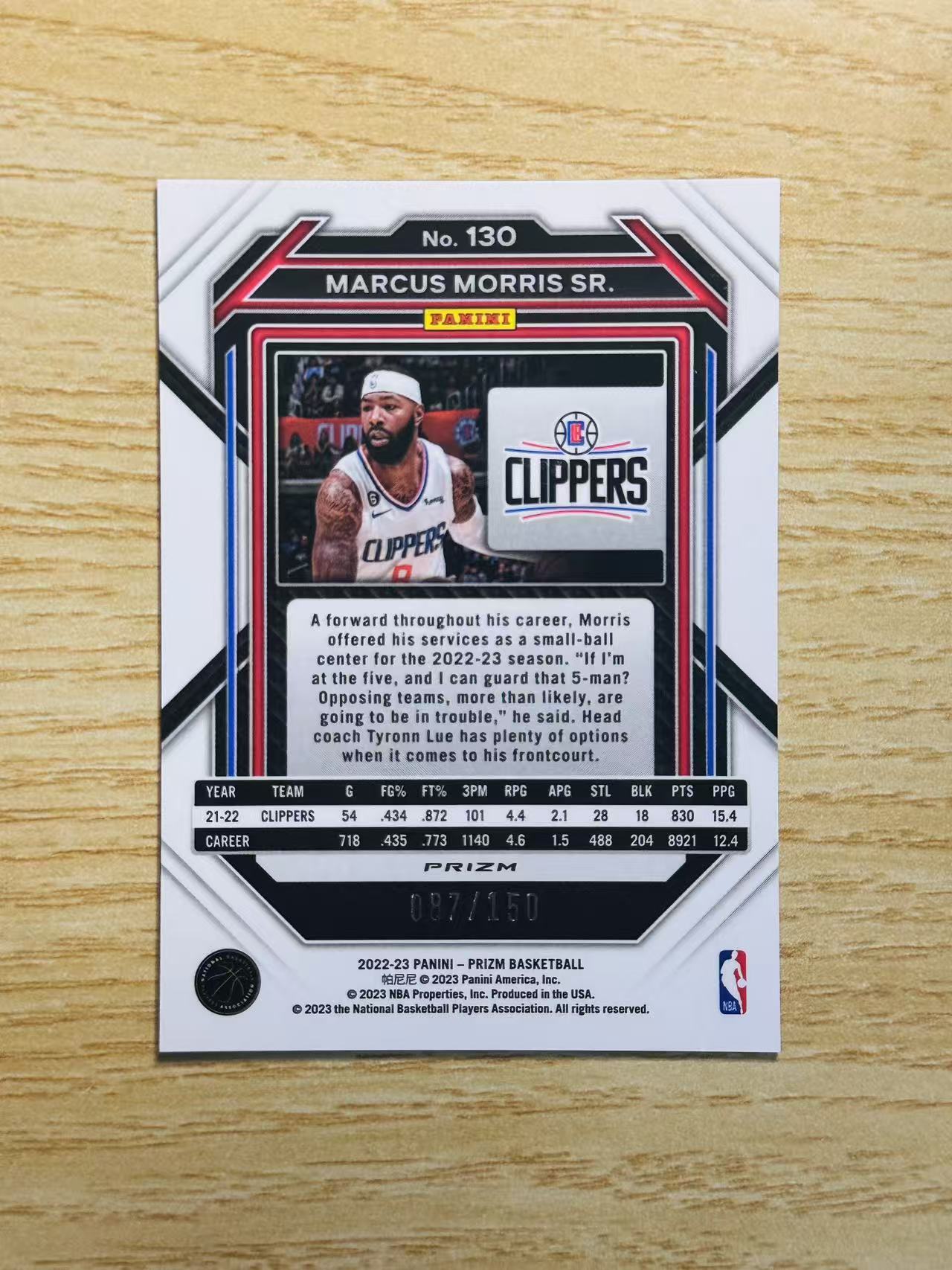 2022-23 Panini Prizm Marcus Morris 嘿嘿代卖 马库斯 莫里斯 150编 蓝泡泡折 快船 收藏必备