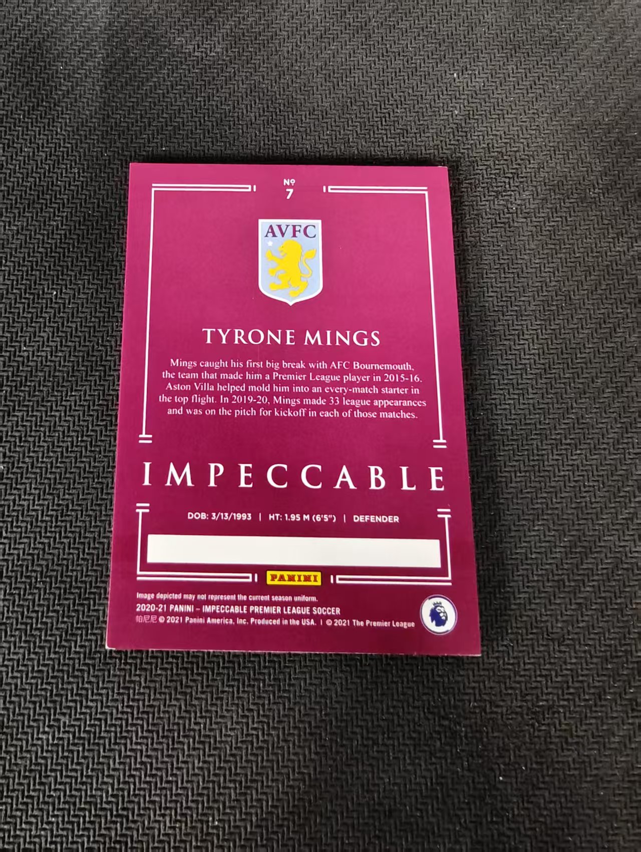【可合并,不累计】2020-21 Panini Impeccable Tyrone Mings 英超 小真金 阿斯顿维拉 明斯 35编 划痕 边角瑕疵