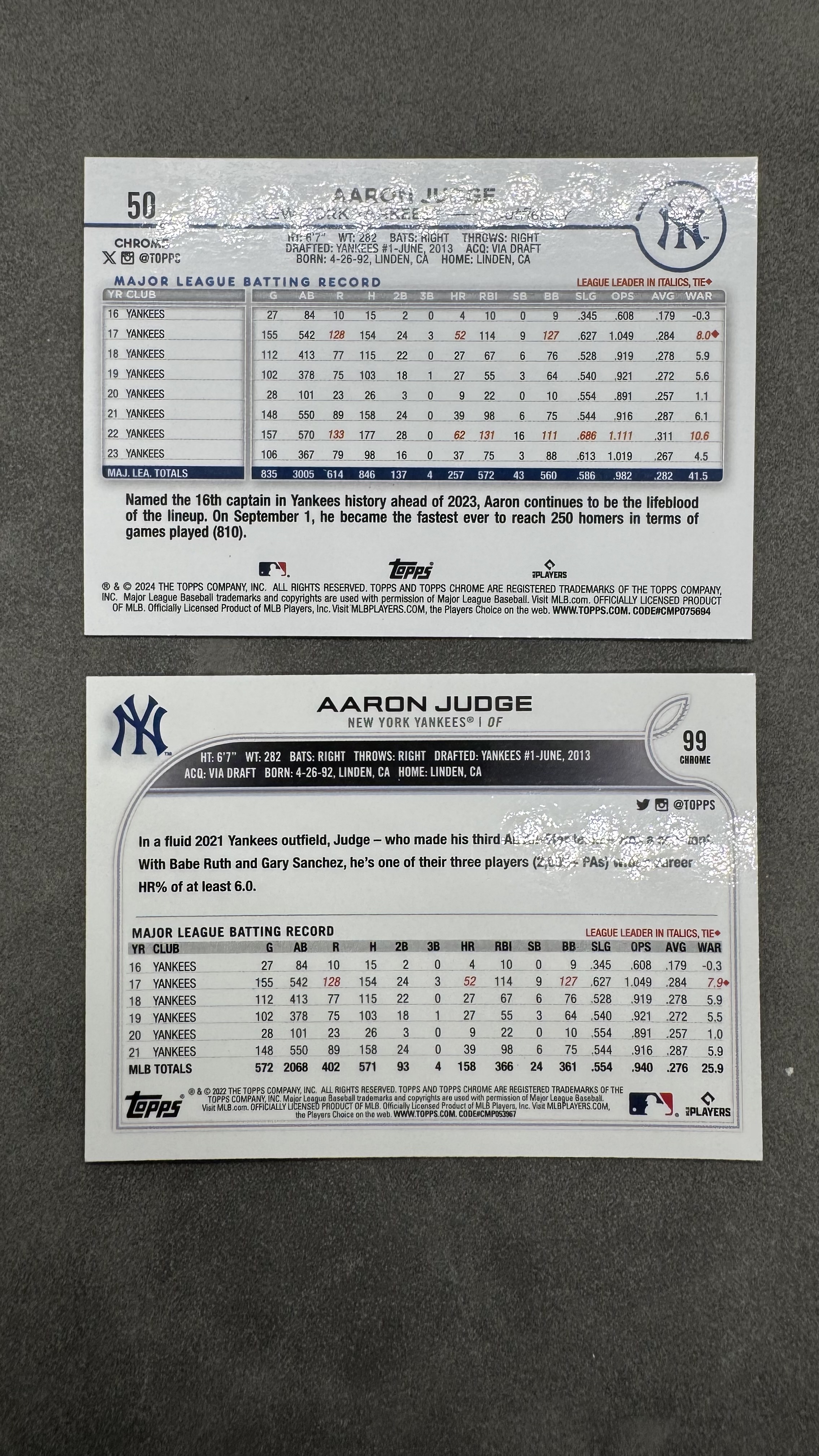 2024 Topps Chrome Aaron Judge 洋基队 阿隆贾奇 法官 美联MVP 不同年份base 值得收藏 卡品如图 2张打包